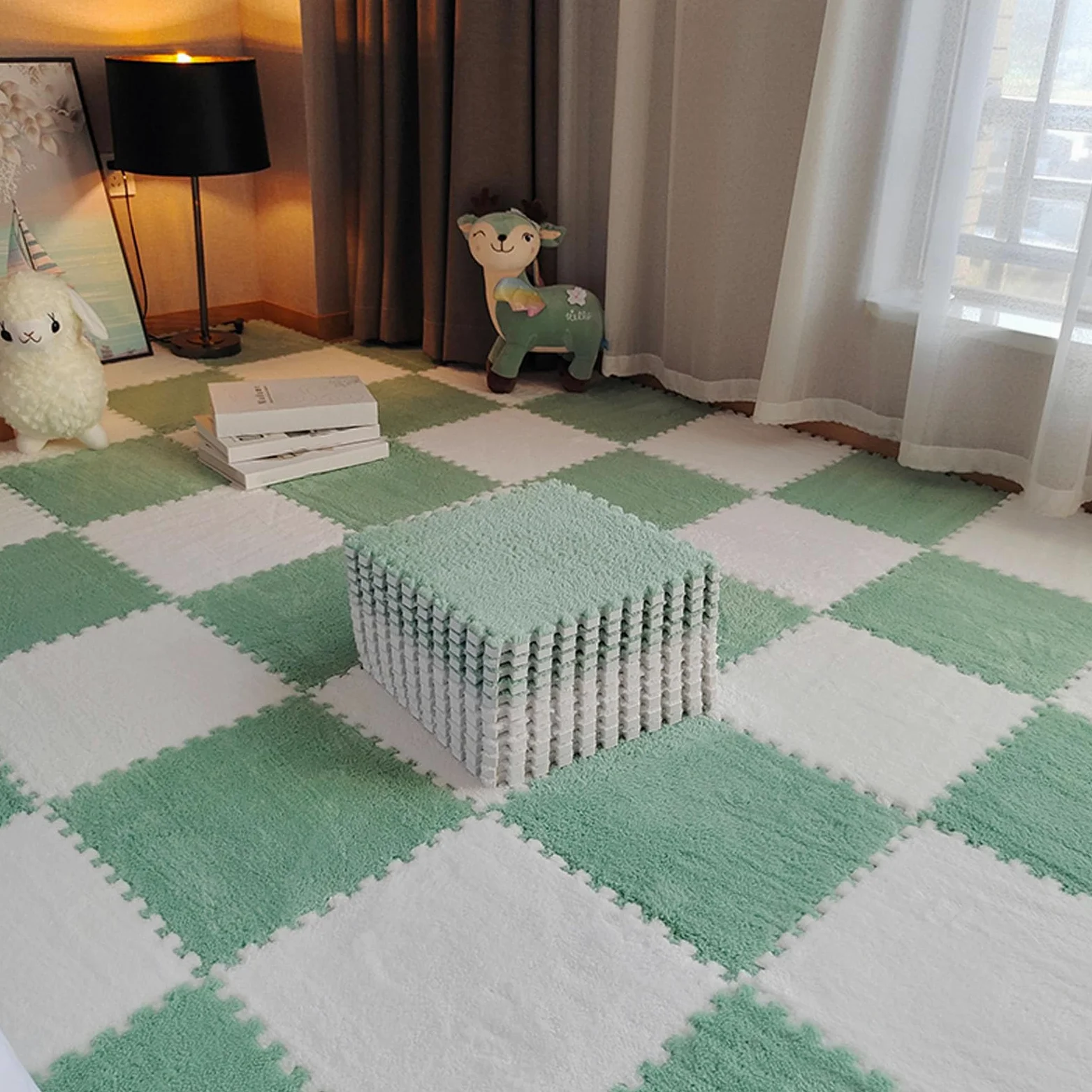 tappetini in schiuma, Tappetino in schiuma ad incastro puzzle con bordo 12x12 pollici multicolor di dimensioni multiple(White+light Green,30Pcs)