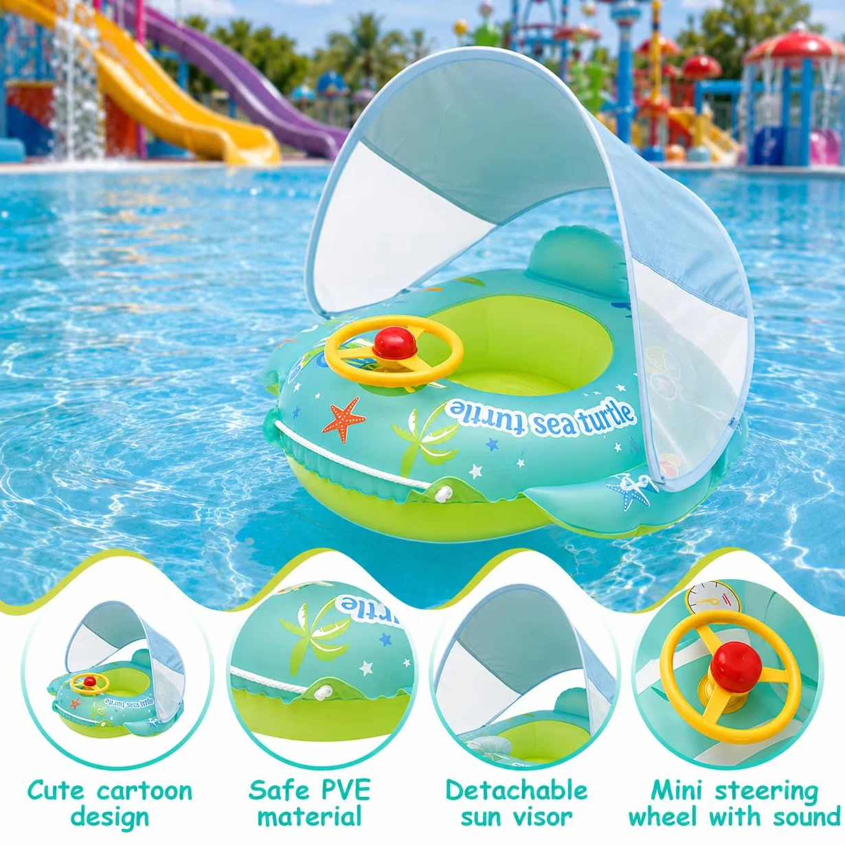 XIMEI Salvagente Neonato con Parasole, Salvagente Bambino con Volante, Ciambella Piscina, Piscina Gonfiabile Bambini, Estate Gonfiabile Mare Bambini Vacanza Spiaggia