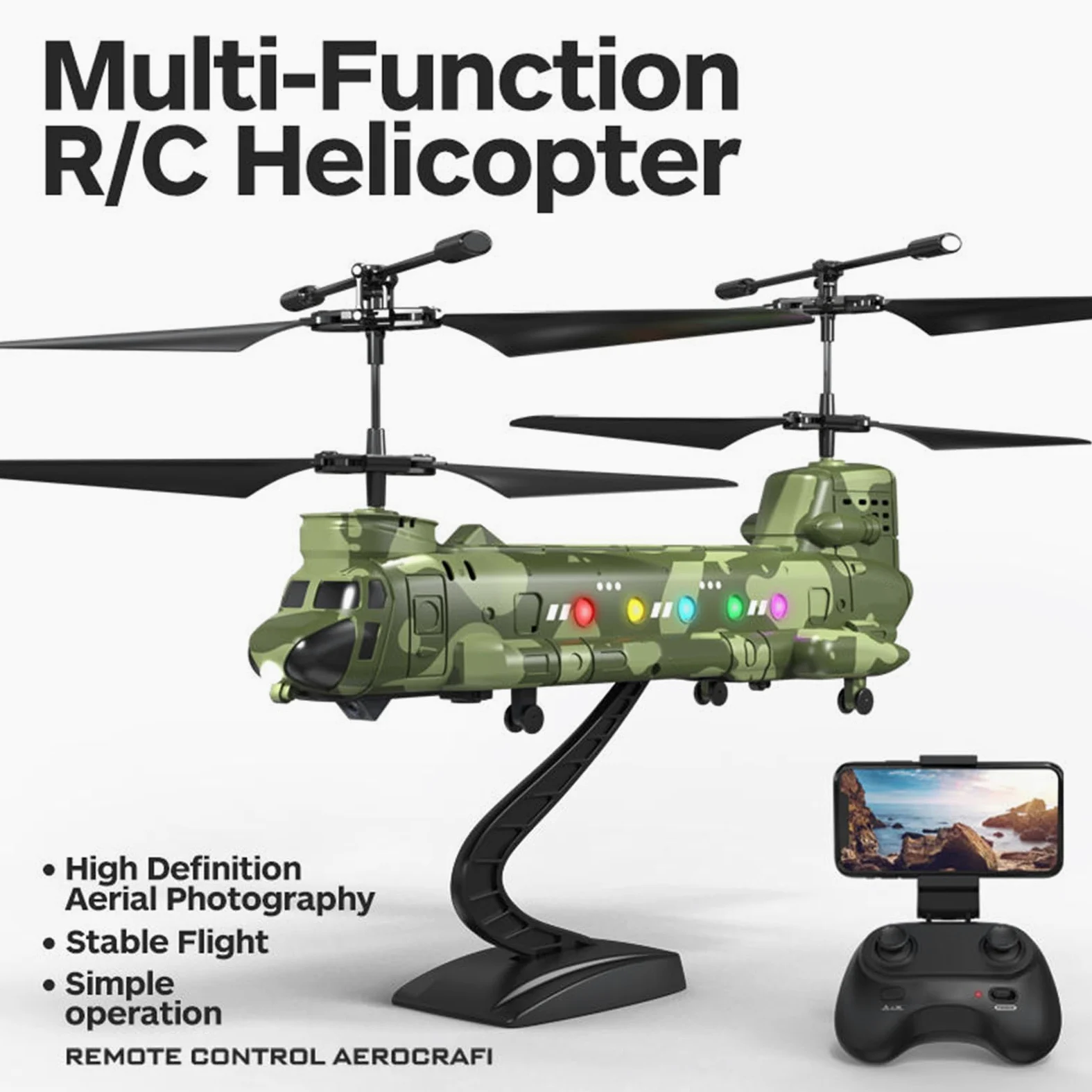 Elicottero RC da 2,4 GHz con Telecamera HD, Luci a LED per il Mantenimento Dell'altitudine per la Fotografia Aerea, Volo Indoor e Outdoor