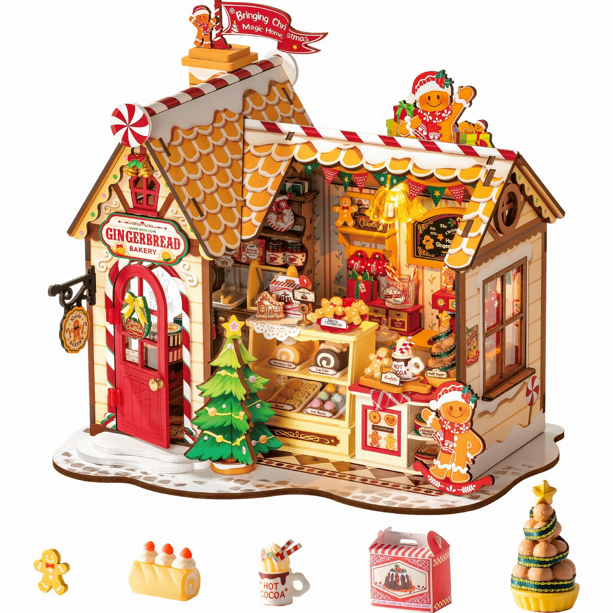 Rolife Casa delle Bambole di Natale Casetta Pan di Zenzero Kit Miniatura Fai-da-te Modello in Legno Decorazione Natalizia Regalo Creativo per Adulti e Ragazzi