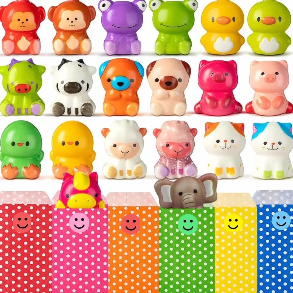 24 PCS Squishy Animali + Sacchetti Regalo Singoli, Giochi Antistress, Tocco Morbido, Espansione Lenta, Gadget Compleanno Bambini | Pack 24 Squishy + Sacchetti Regalo