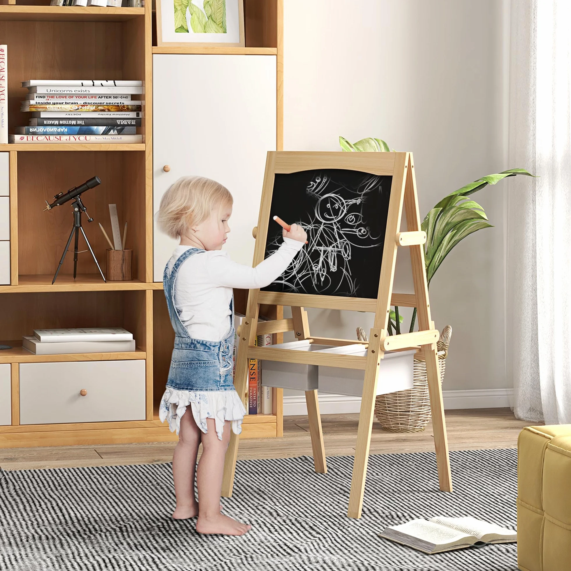 AIYAPLAY Lavagna per Bambini 3 in 1 Multiattività con Due Cestini, Cavalletto Artistico in Legno 58x50.5x109cm