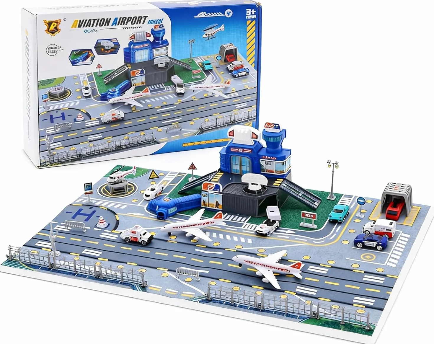 Giocattolo per trasporto aereo con elicottero, camion, aereo, cartelli, auto dei pompieri e tappetino da gioco aeroporto, set da gioco regalo per bambini 3 e ragazzi