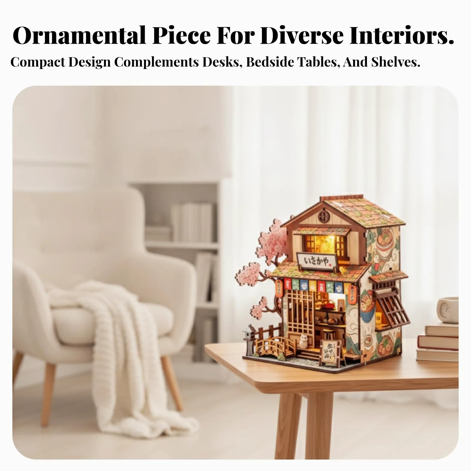 Miniatura Edificio Blocchi Costruzione Kit Modello Casa Vetrina Ornamento Tavolo Illuminazione Calda Legno con Tetto a Strati Finestre a Porta Insegna