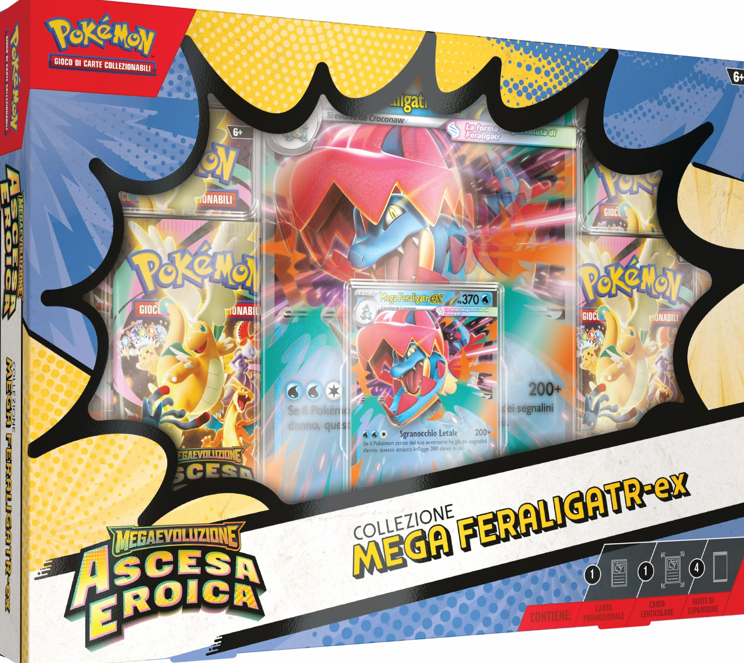 Pokémon: collezione Mega Feraligatr-ex dell’espansione Megaevoluzione - Ascesa Eroica del GCC Pokémon (una carta promozionale olografica, una carta lenticolare gigante e quattro buste di espansione)