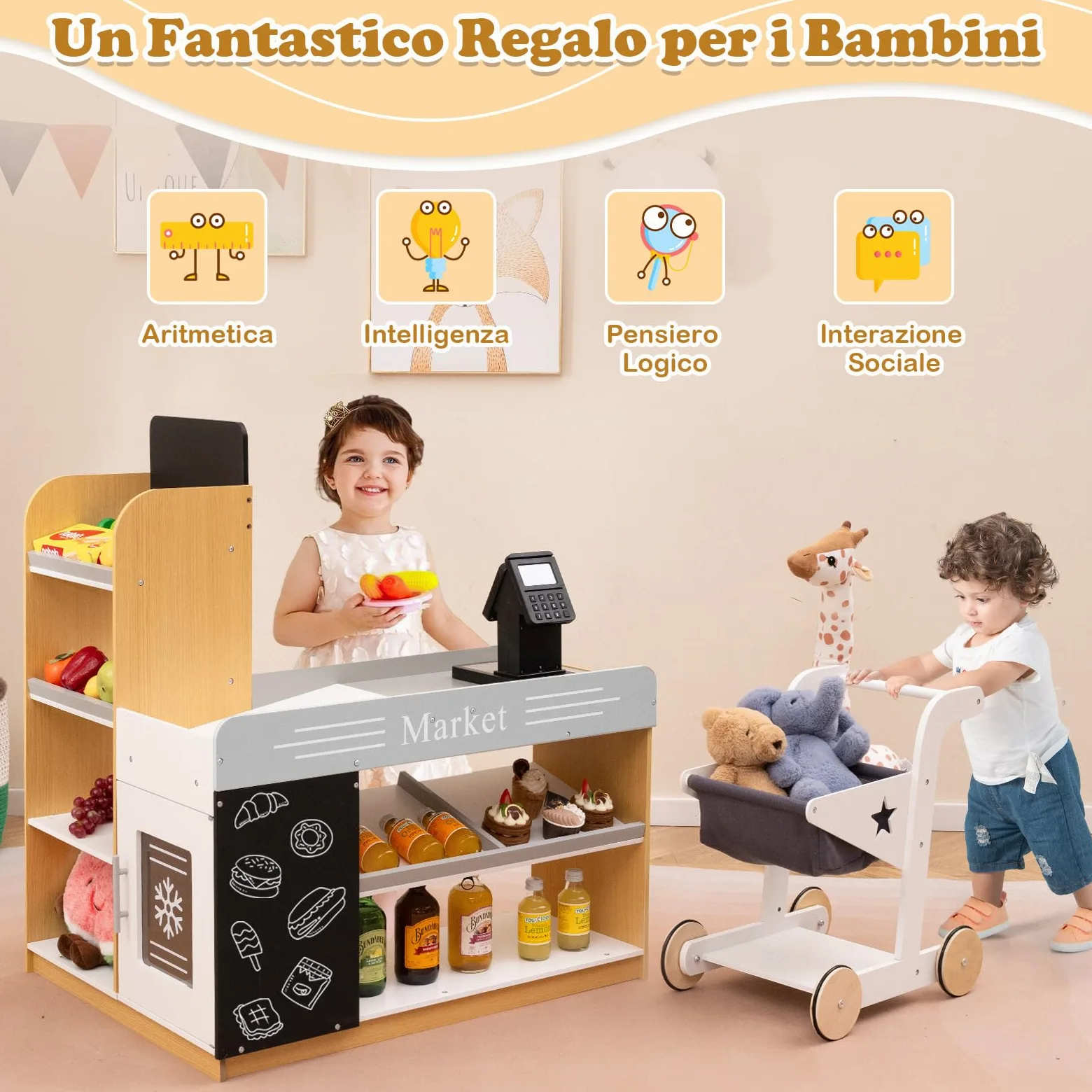 COSTWAY Set da Gioco da Supermercato, Banco di Mercato per Bambini in Legno con Carrello della Spesa, 2 Lavagne e Registratore di Cassa, Scaffali Espositivi, per Bambini 3+ Anni
