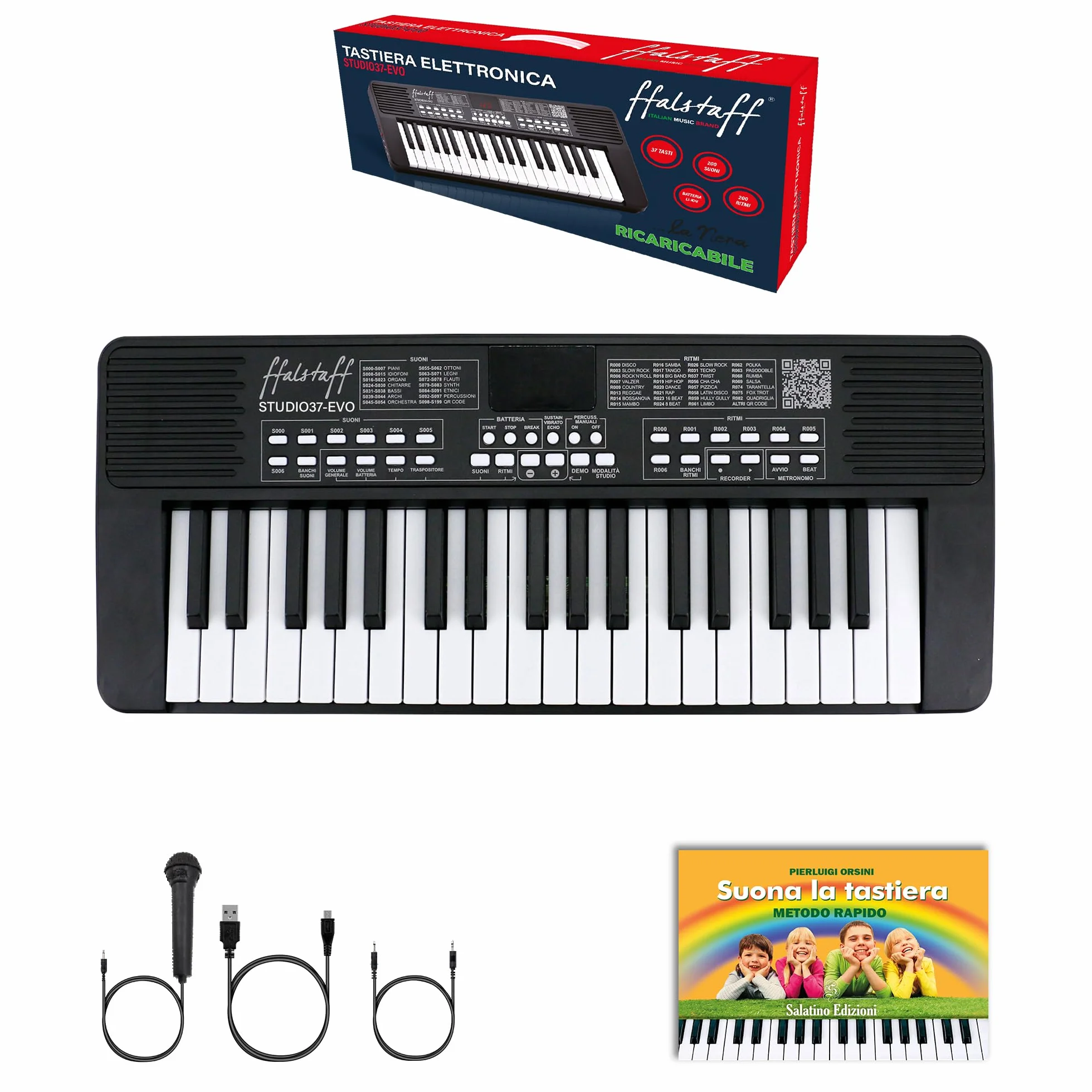 ffalstaff STUDIO-37-EVO Tastiera Elettronica Ricaricabile 37 Tasti per uso Scolastico "Italian Design" - Microfono, USB Tipo C, Cavo Jack-Jack e E-book "Suona la Tastiera" inclusi (Nero)