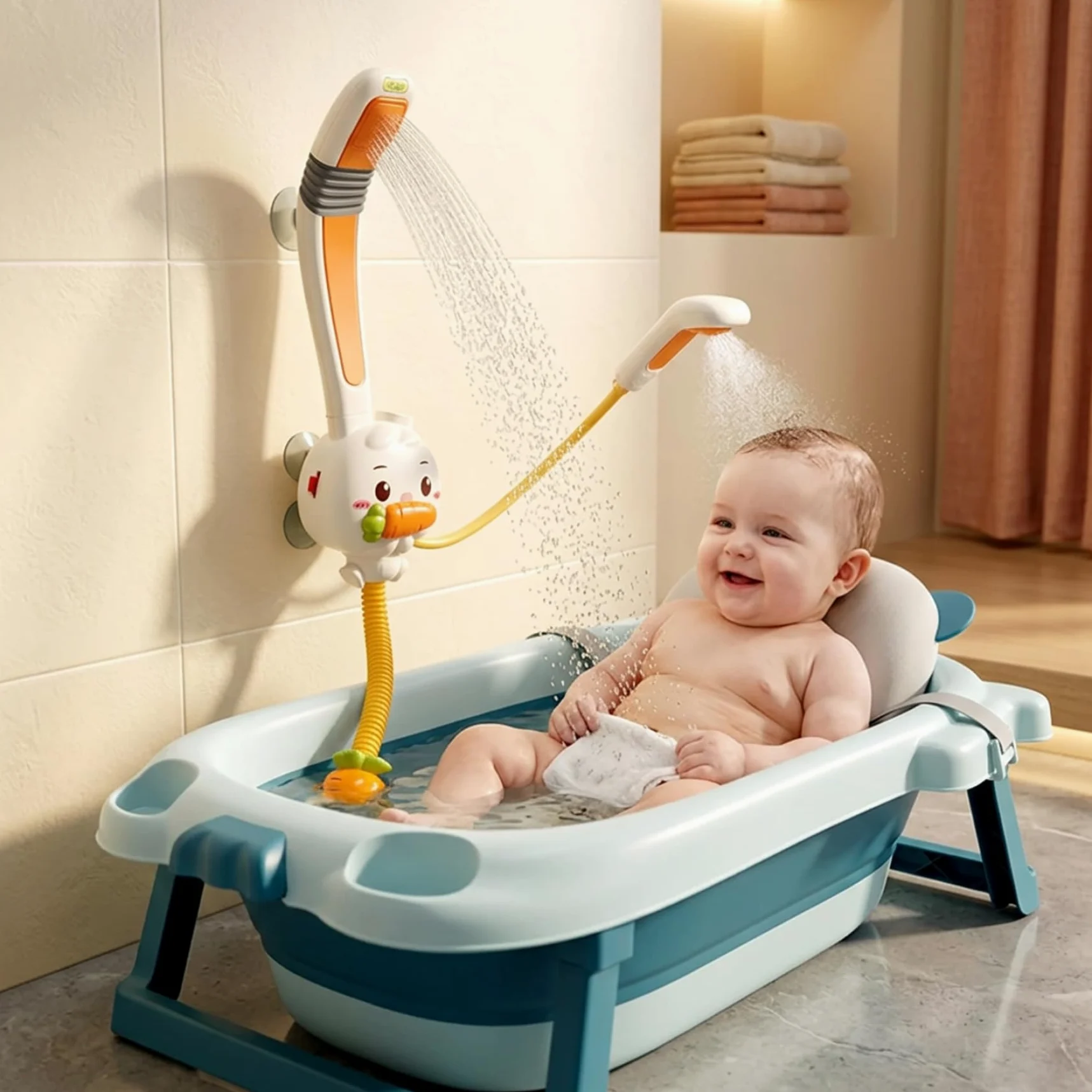 Soffione doccia per bagnetto, simpatico coniglietto, spruzzatore per bagnetto, giocattoli elettrici in plastica per doccia, ideali per vasca da bagno, ragazzi e ragazze