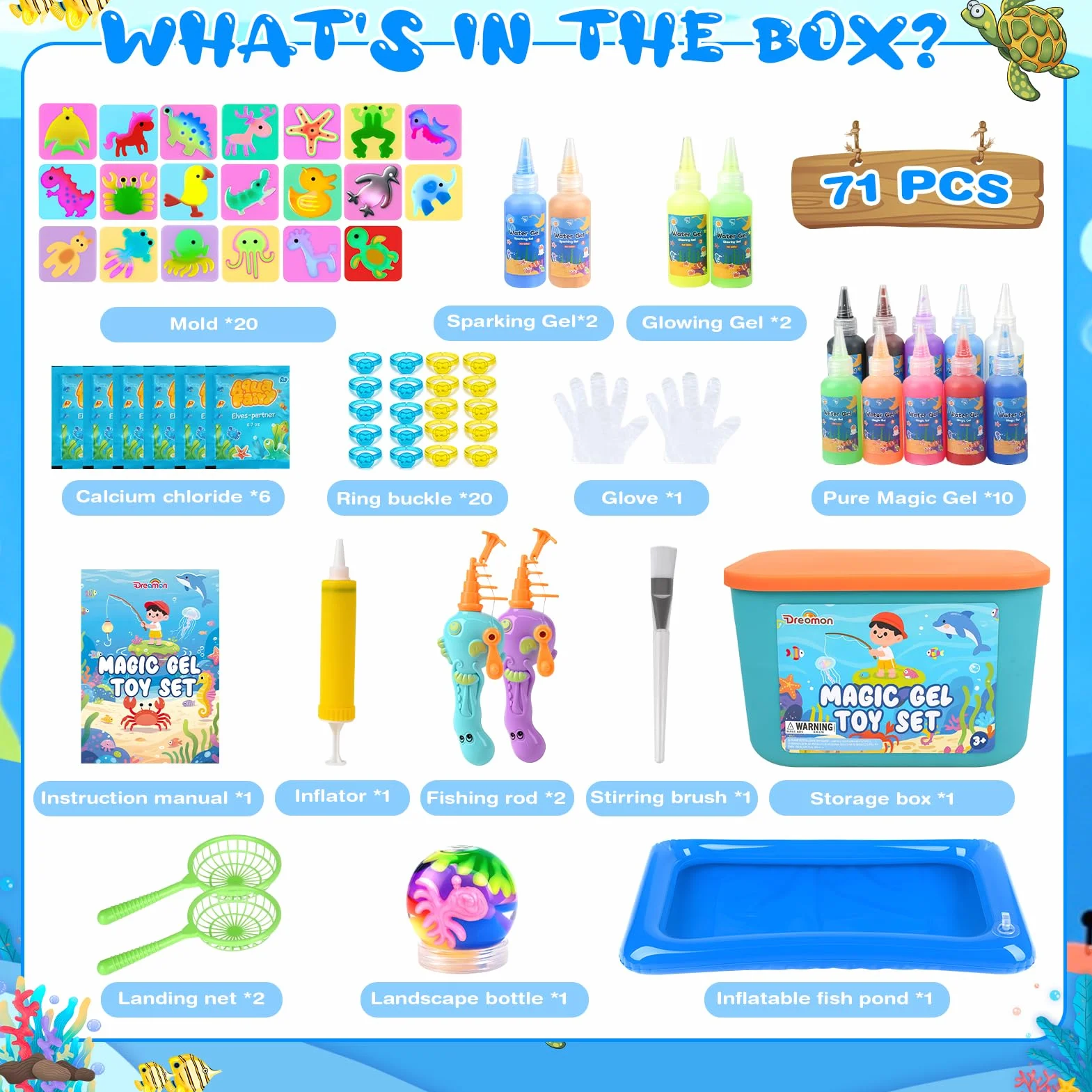 Dreamon Aqua Gelz Set, 71PCS Magic Jelly Set con 14 Gel Colorati, 2 Canne da Pesca, Giocattolo Educativo per Bambini 3+ Anni, Regalo DIY Ragazzi e Ragazze