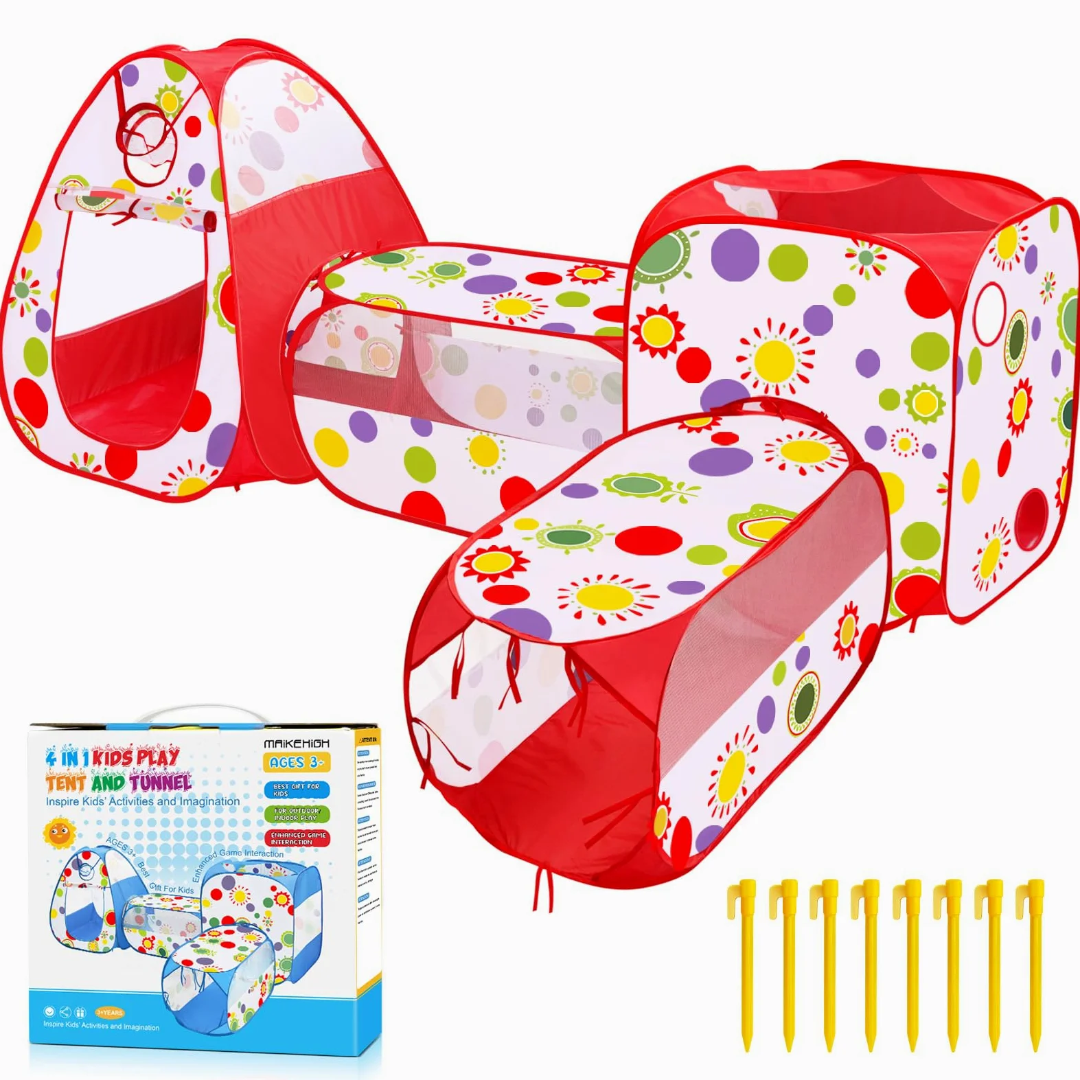 MAIKEHIGH Tunnel Gioco per Bambini, 4 en 1 Pop Up Tenda | Pieghevole Piscina Palline Interno Esterno Giardino Gioco Ragazzi Ragazze Compleanno Regalo