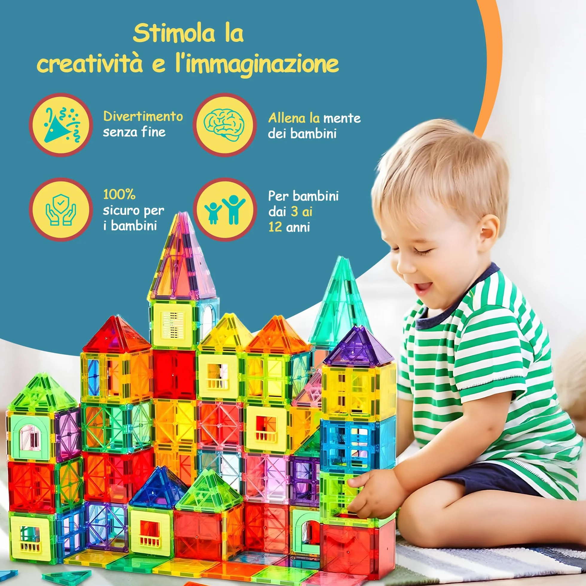 Olvy Set 74 Blocchi Magnetici per Bambini, Piastrelle Magnetiche Montessori, Gioco di Costruzioni 3+ Anni