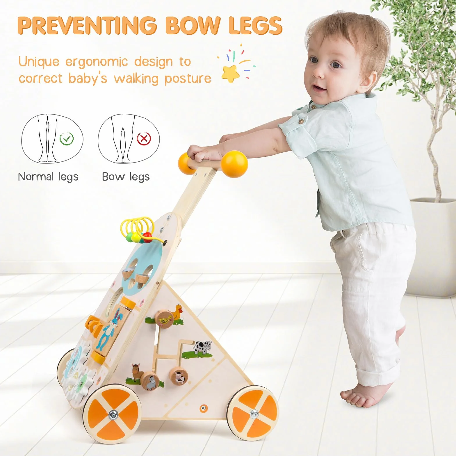 Jacootoys Passeggino di legno per attività, giocattolo per bambini a spinta a velocità regolabile, passeggino di legno da spingere e tirare per bambini, bambine e ragazze di 1, 2 e 3 anni.