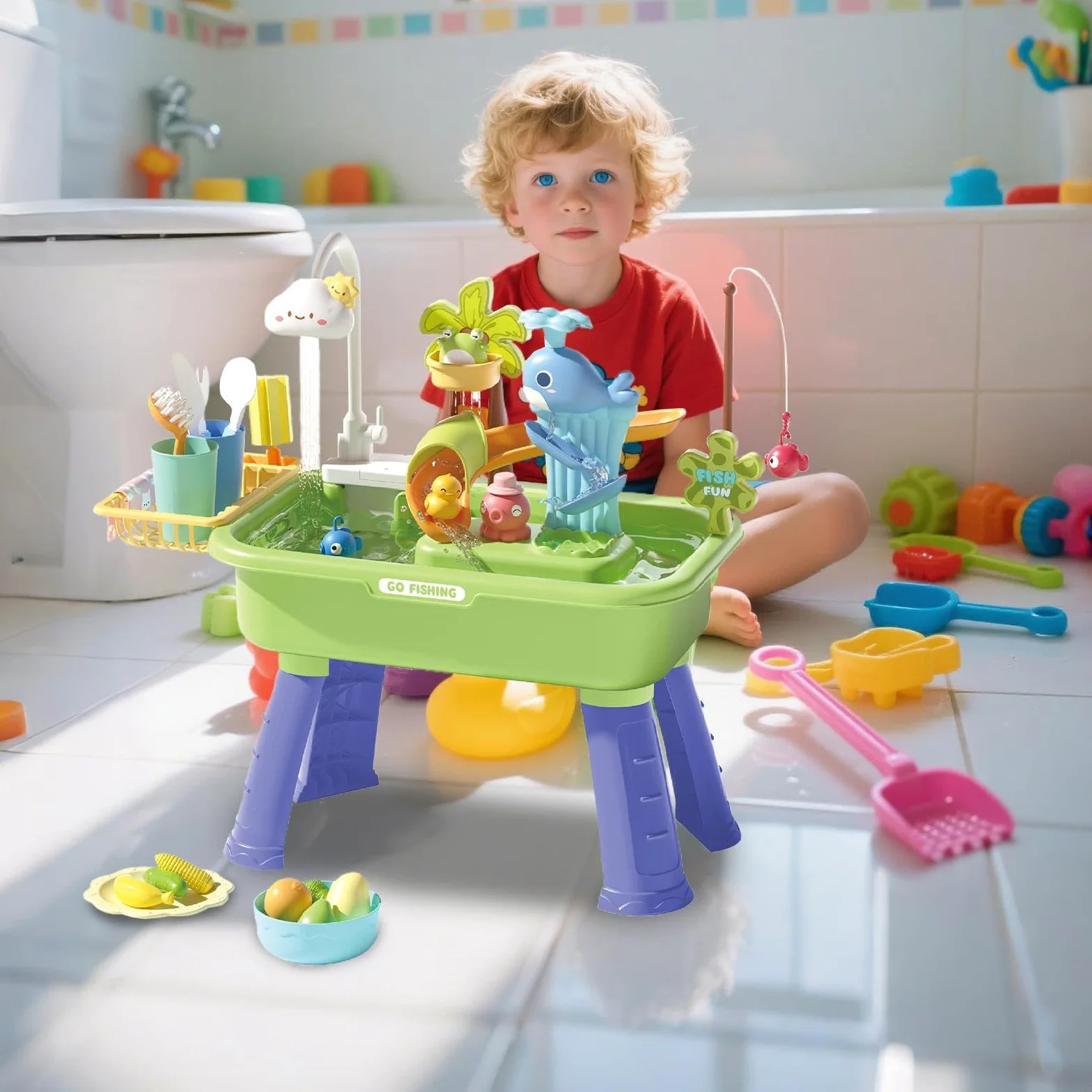 Tavolo Acquatico Tavolo Sabbia e Acqua | Interattivo Educativo Sensoriale con Pompa per Cortile Spiaggia Casa Esterno Sviluppo Abilità Motorie