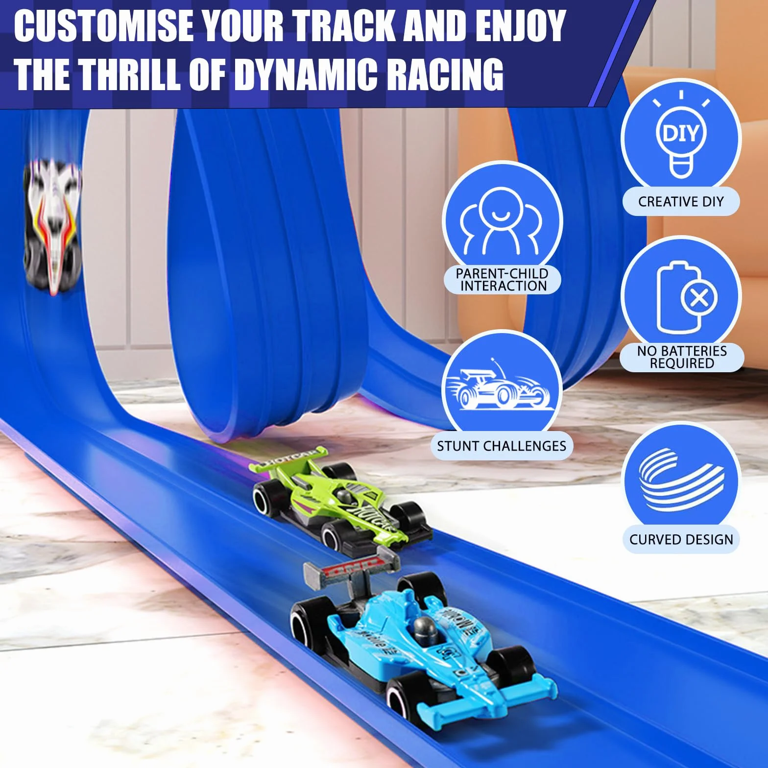 Pista Macchinine Flessibile 5 Metri, Pista Cars con 4, Piste Macchinine per Bambini Giocattolo Regalo per Bambini a Partire dai 3 anni in su