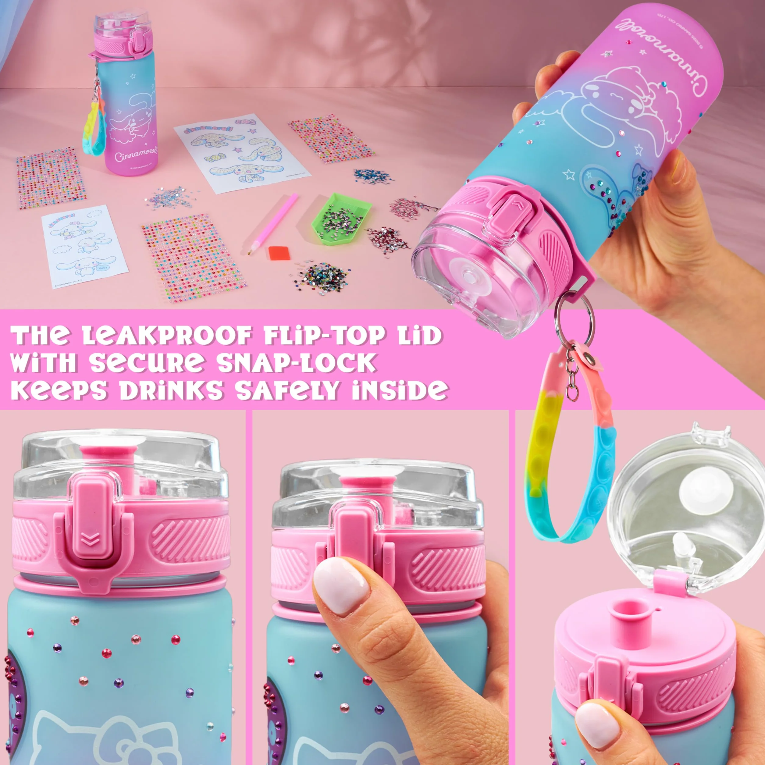 Get Trend Hello Kitty Sanrio Cinnamoroll Kit Creativo Bambina DIY Borraccia da Decorare Bambina, 550ml Senza BPA Tappo Ribaltabile a Prova di Perdite, Gemme Artigianali (Multi Cinamonroll)