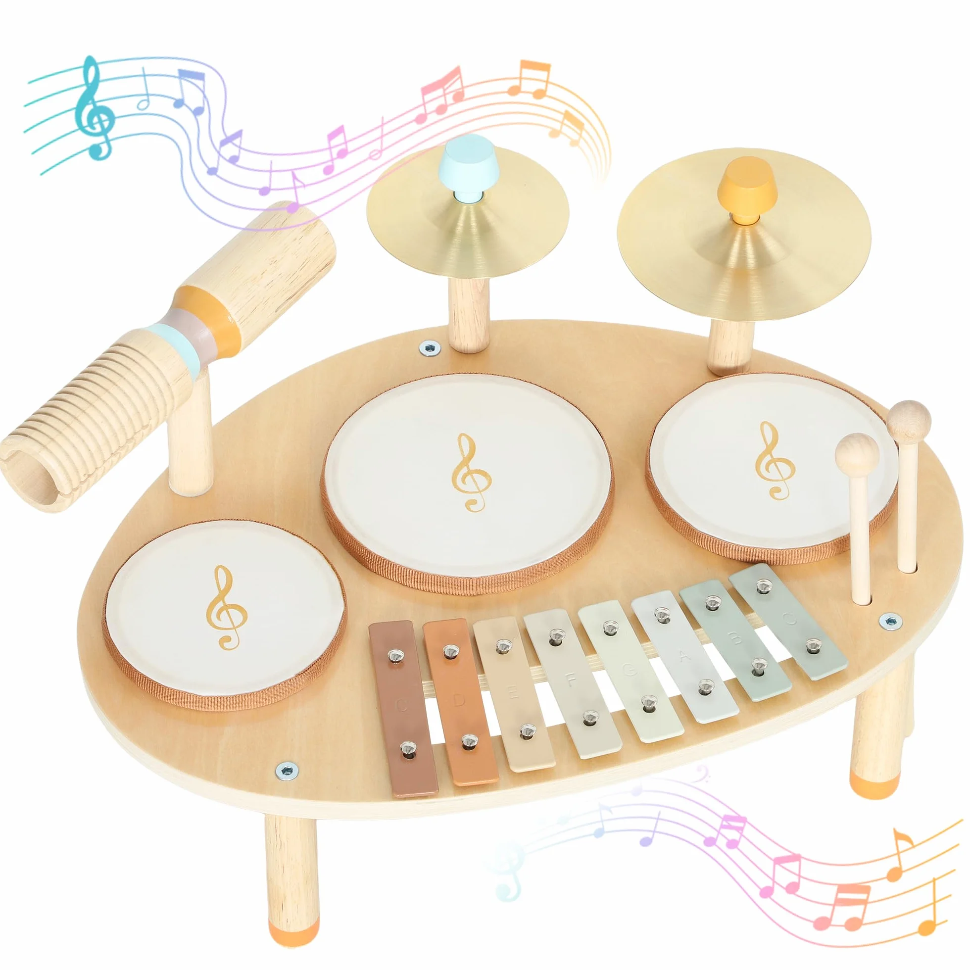 AIYAPLAY Set Musicale per Bambini, Strumenti in Legno e Metallo con Tamburi e Xilofono per Età 2+ Anni, Regali Musicali per Bambini e Bambine, Colore Legno Naturale