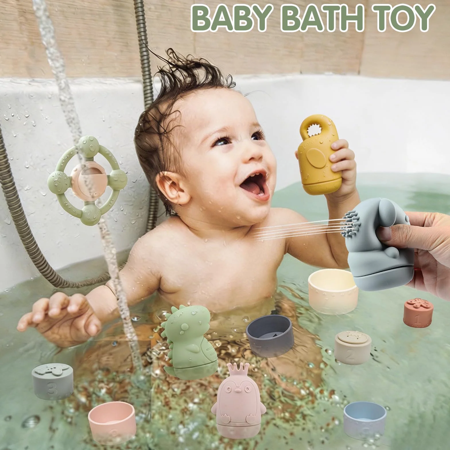 Giocattoli da Bagnetto per Bambini, Giochi Bagnetto Neonato in Silicone con Volante Giocattolo, Tazza Impilabili e Giocattoli Animali, Senza Bisfenolo A, Giocattolo a Acqua per Bagno Piscina Spiaggia