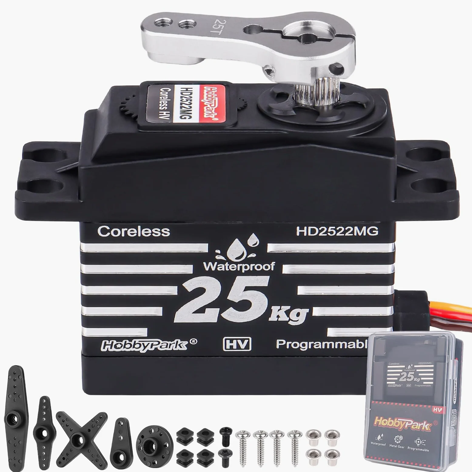 HobbyPark Servo RC impermeabile 25KG High Torque Metal Gear Digital Servo per 1/12 1/10 RC Car Truck Buggy Programmabile 2BB Angolo di controllo 180 ° HV (motore coreless)