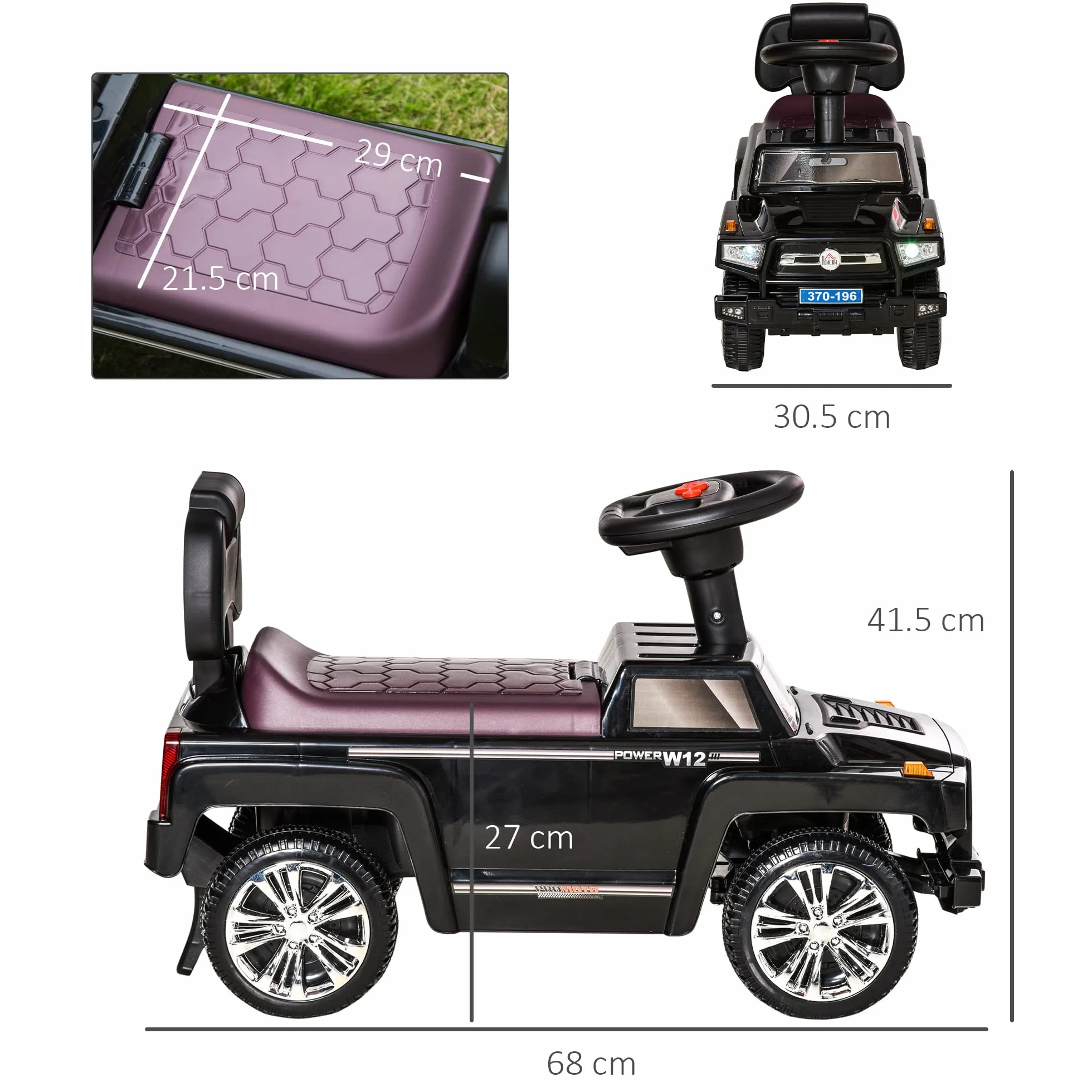 HOMCOM Macchina Giocattolo Cavalcabile Fuoristrada per Bambini, Fari e Musiche, 68x30.5x41.5cm, Nero