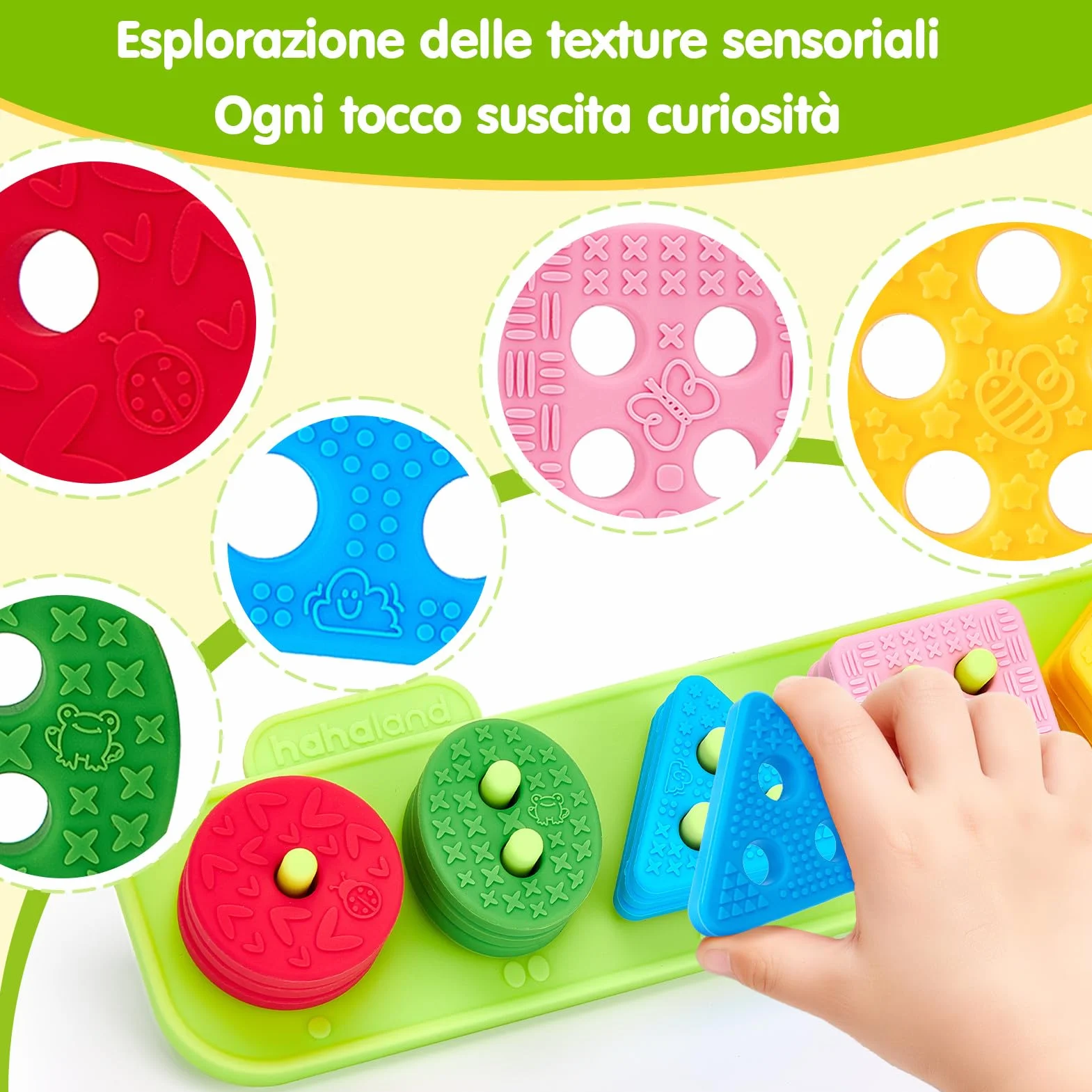 hahaland Gioco Sensoriale in Silicone per Bambini 12+ Mesi, Gioco Impilabile Morbido, Blocchi Montessori per Sviluppo Sensoriale e Motricità, Regalo per Bambini 1-3 Anni
