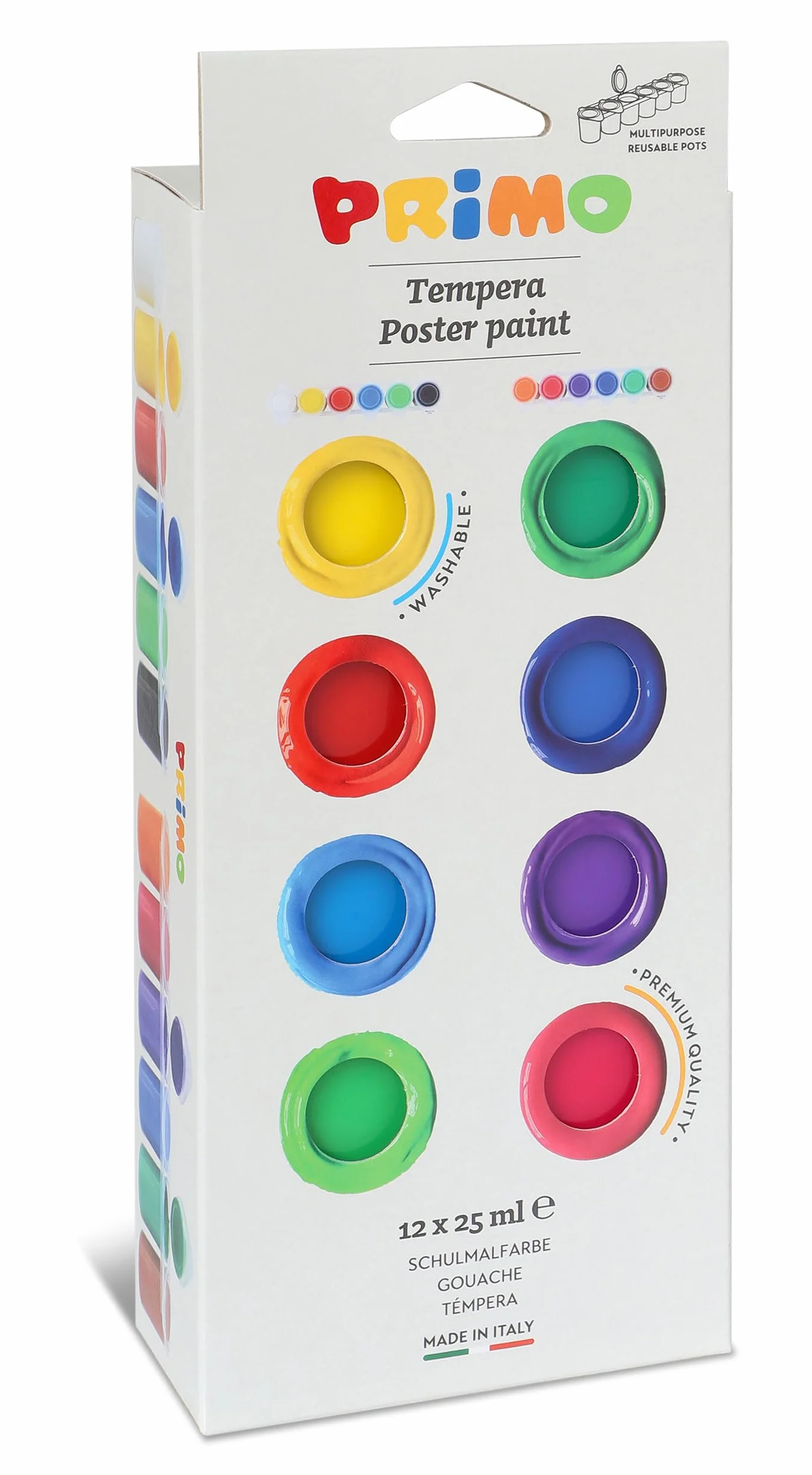 PRIMO - Tempere Lavabili per Bambini +3 Anni, 12 Colori per Bambini 25 ml in Vasetto Validi come Colori per Tessuti e Lavoretti Creativi, Pittura per Tessuti, Carta e Vetro, Colori a Tempera Coprenti
