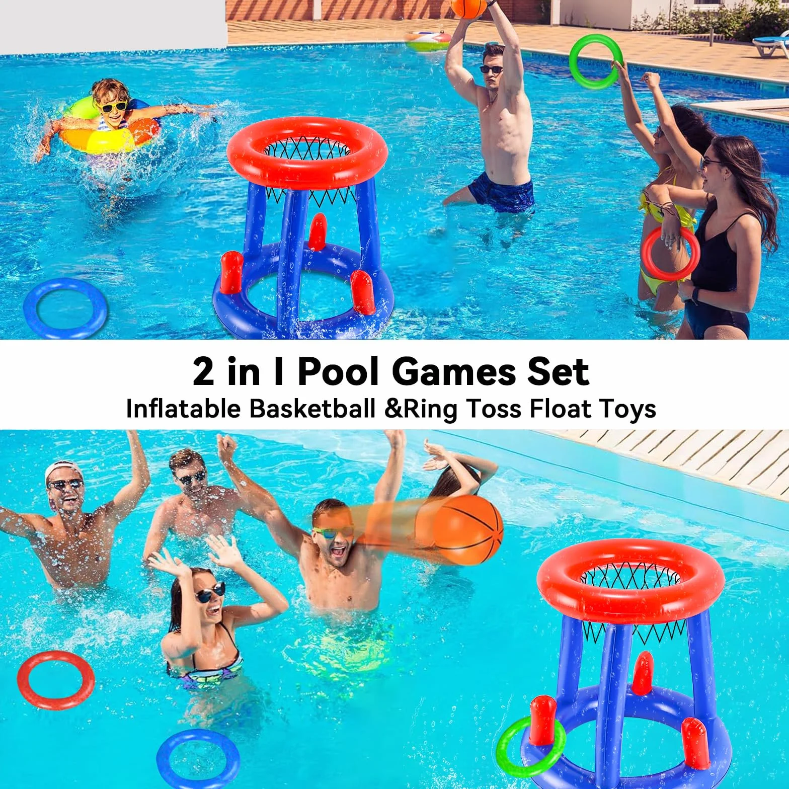 Canestro Gonfiabile per Piscina, 2 in 1 di Canestro da Basket Galleggiante e Gioco di Lancio degli Anelli Gonfiabile, Giocattolo da Gioco Acquatico per Piscina Estiva, Adatto a Bambini e Adulti