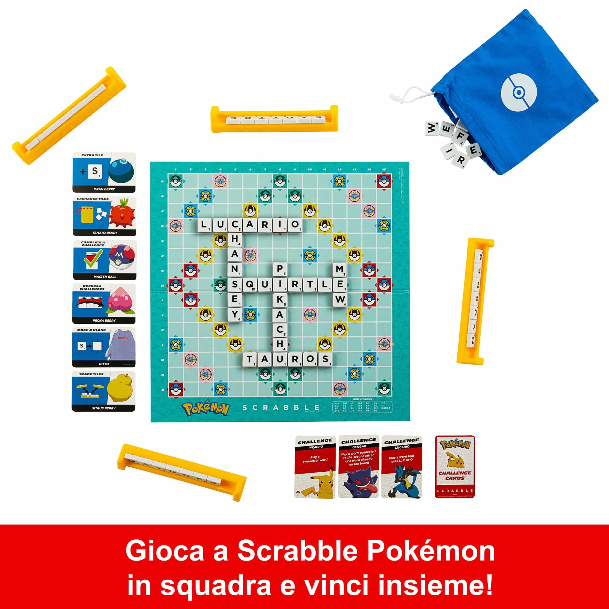Mattel Games - Scrabble Pokémon, il gioco da tavolo delle parole crociate con 50 sfide dei personaggi Pokémon, tabellone a due facce con due modalità di gioco, versione italiana, 8+ anni, HXT30