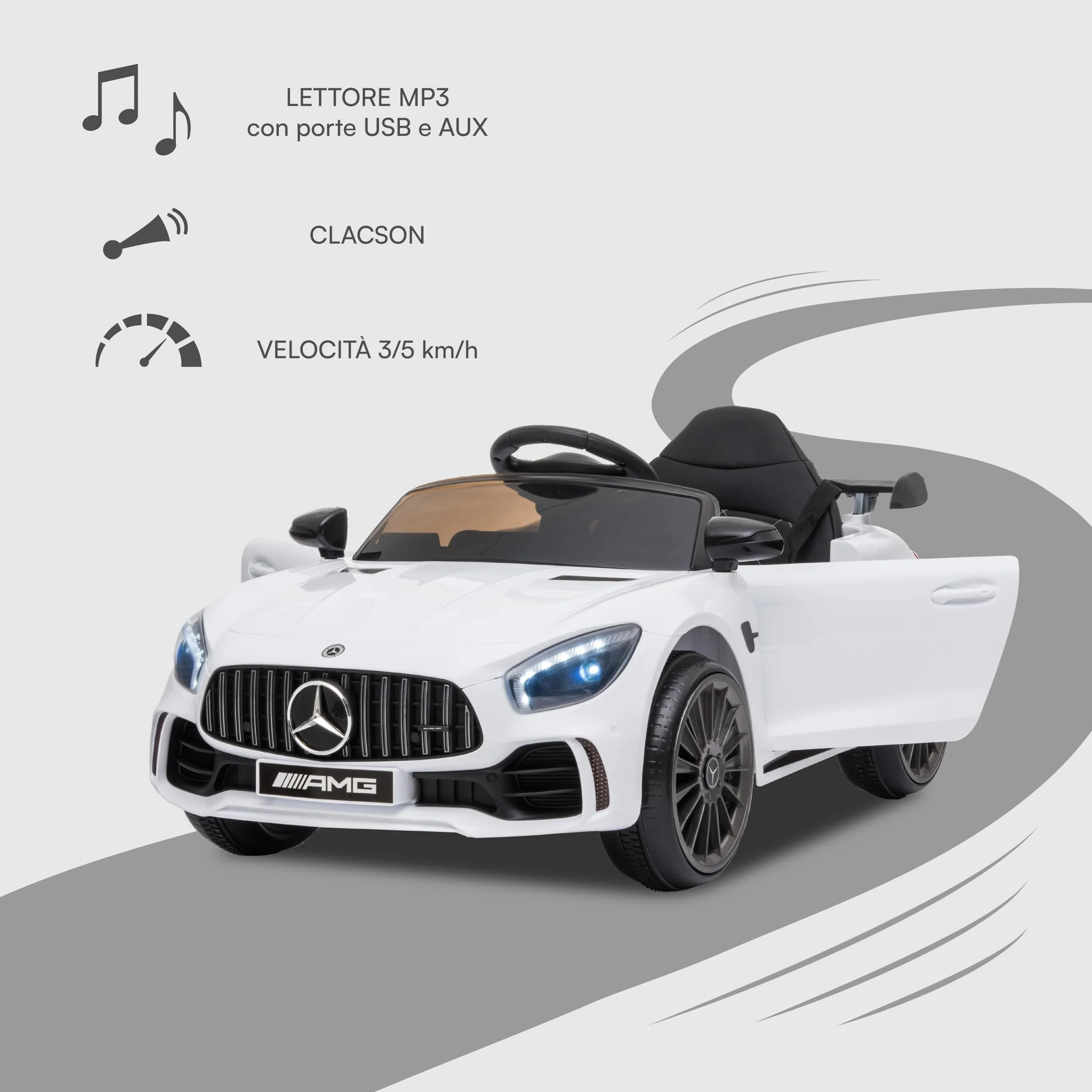Baroni Toys Mercedes AMG Sport Macchina Elettrica Bambini 12V Porte Apribili Carico 25 Kg 1-4 anni Bianco