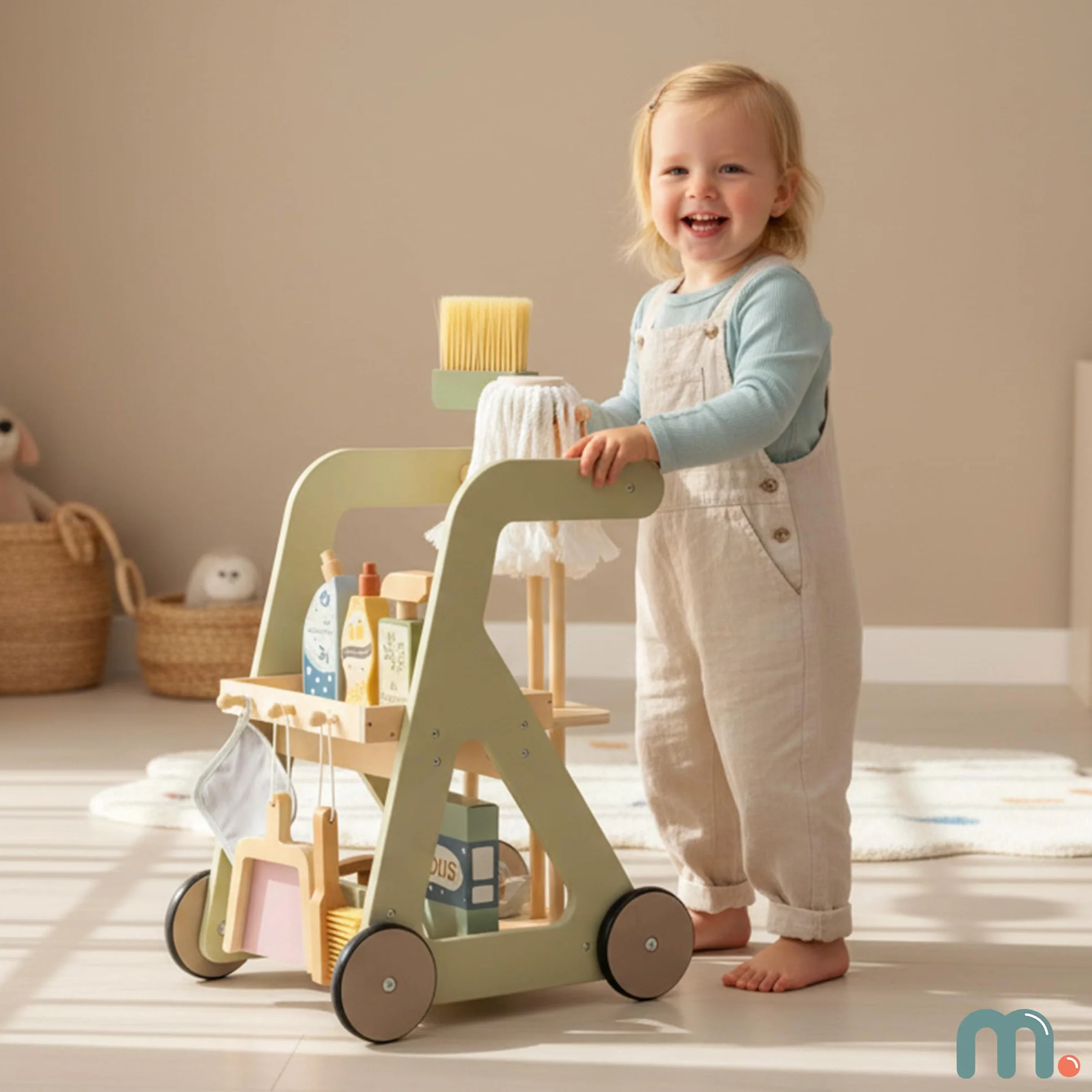 Mamabrum Carrello per la pulizia dei bambini in legno con accessori su ruote set da 11 pezzi giocattolo educativo gioco di ruolo