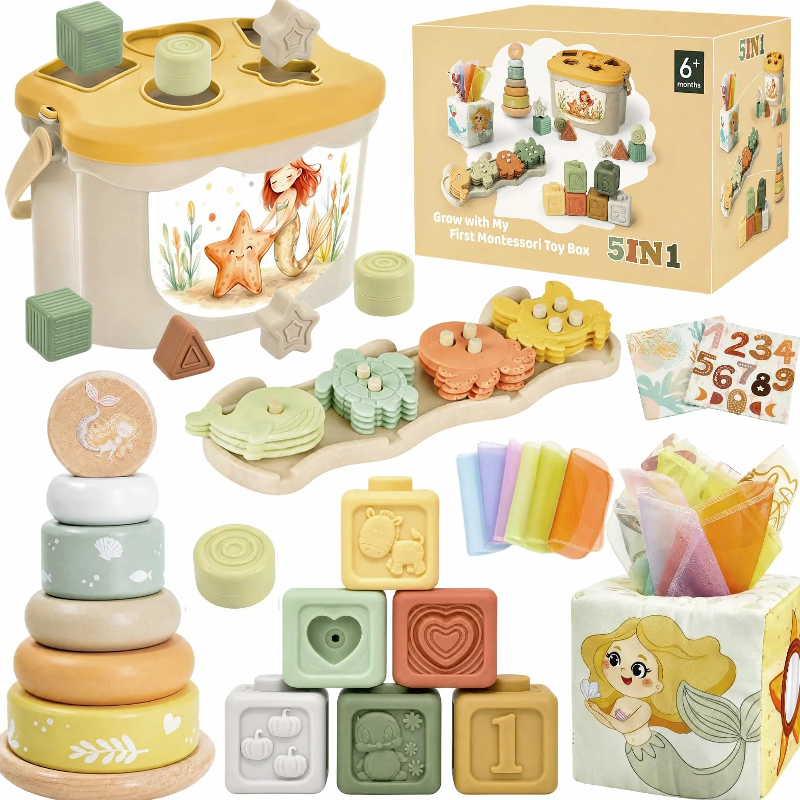 Anook Giochi Montessori 6 Mesi, 5 in 1 Giochi 6 8 10 Mesi Include Giochi Bambini Formine, Costruzioni Bambini 6 Mesi, Scatola di Fazzoletti, Giochi Sensoriali Neonato per Regalo Bimba Bimbo 6-24 Mesi