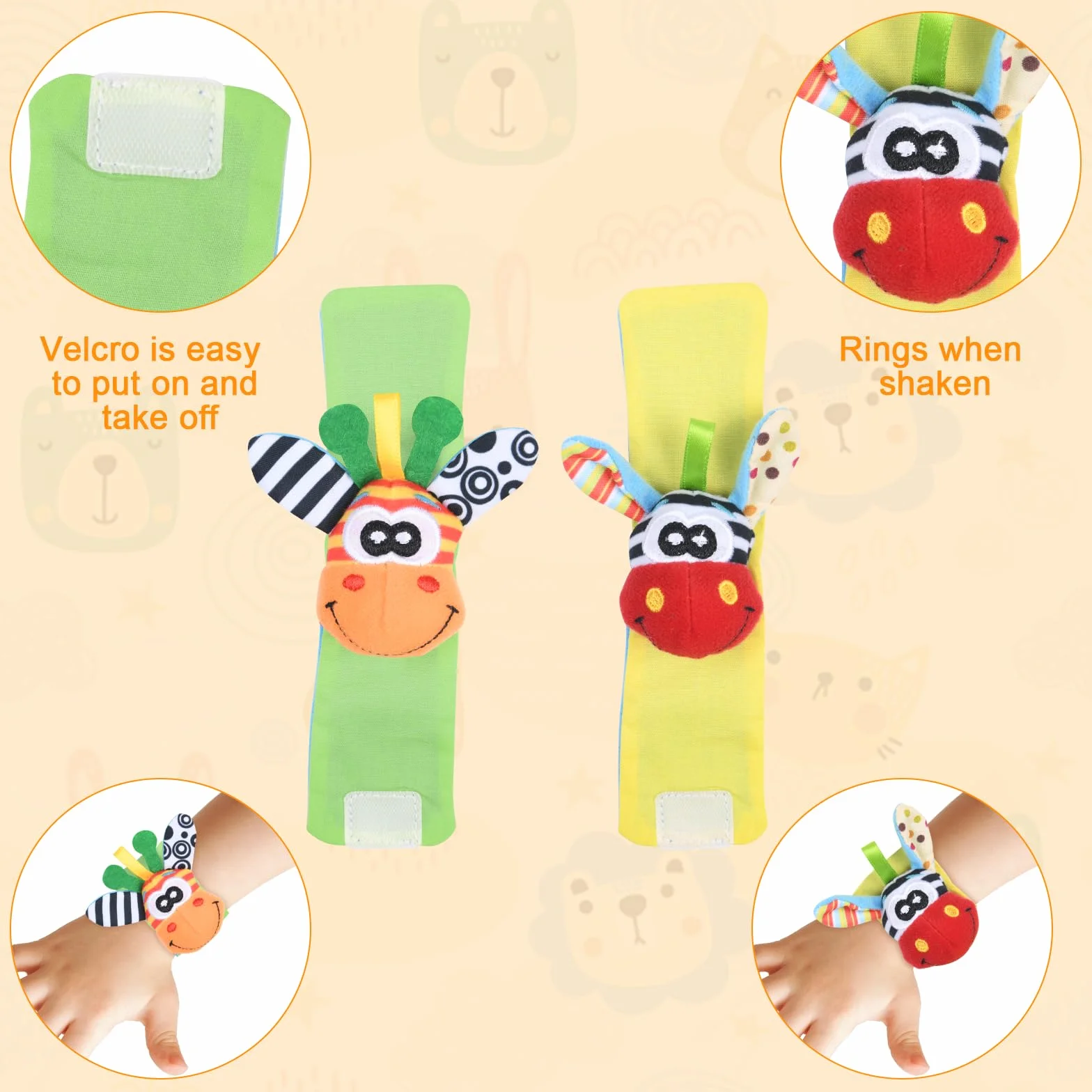Vicloon Baby Rattle 4 Pack Neonato Sonagli Calzini da Polso Sonagli Sensoriali Giocattoli Soffici 0-6 Mesi