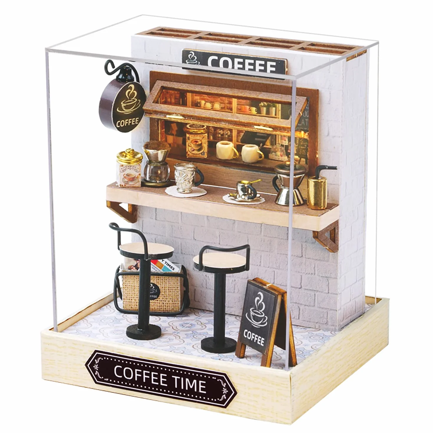 CUTEROOM Miniatura casa delle Bambole con mobili,Fai da Te in Miniatura Casa delle Bambole Kit,Mini 3D Casa in Legno con Luci A LED - Regalo di Compleanno di Natale (Coffee)