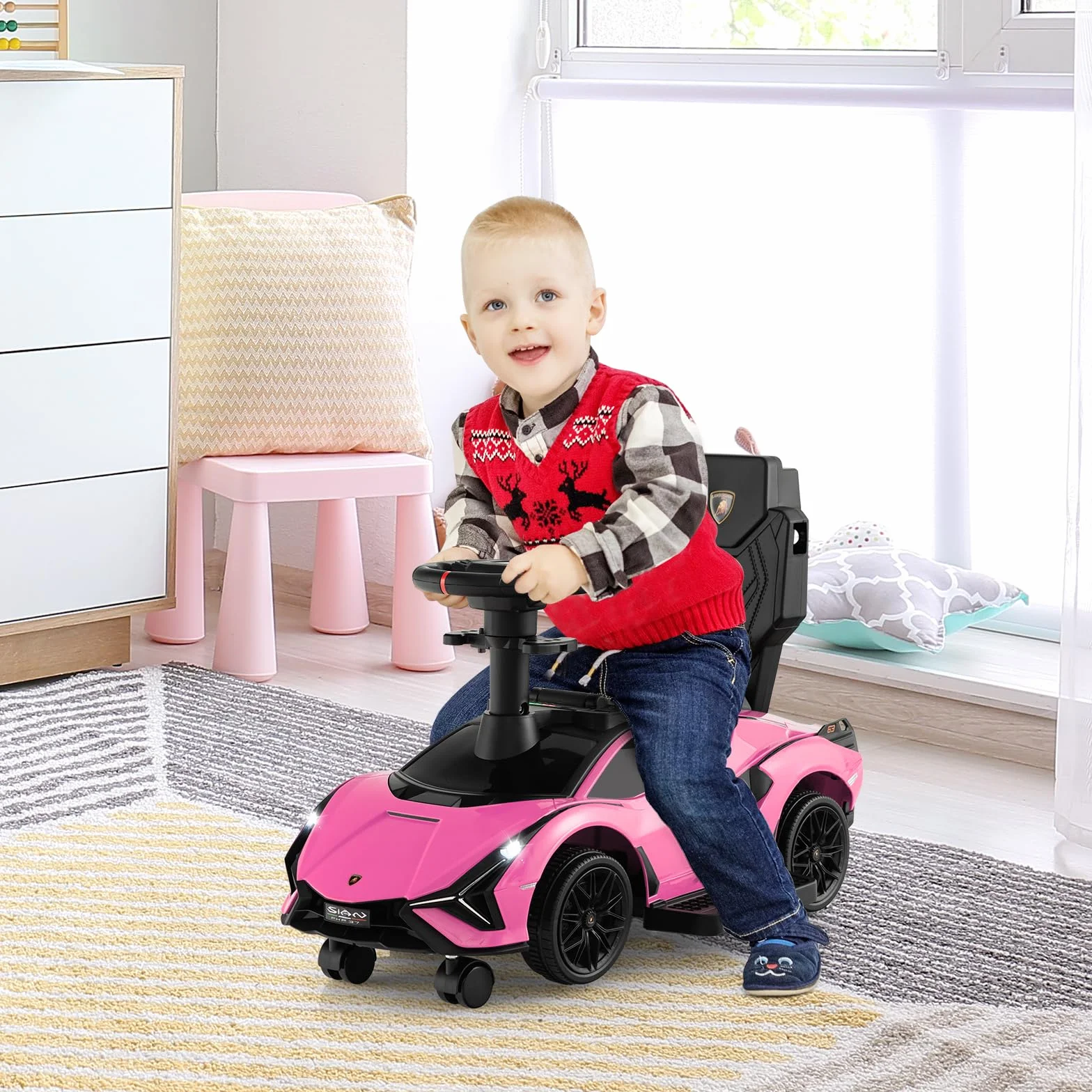 COSTWAY 3 in 1 Auto da Spinta con Paracolpi e Manubrio Rimovibili, Musica e Fari, Rosa per Bambini 18-24 Mesi