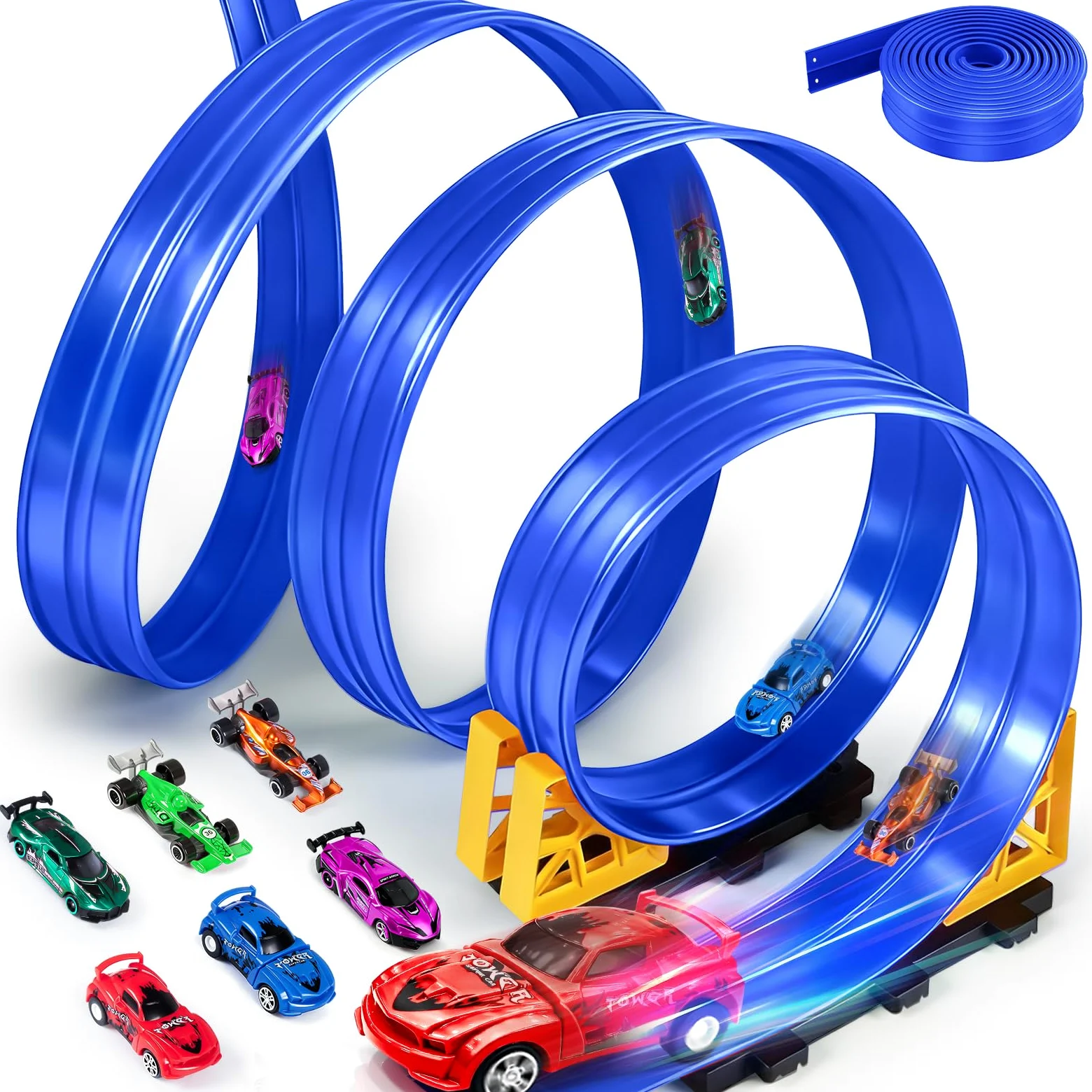 Pista Macchinine 5M Pista Flessibile Macchinine 4 Macchinine 2 Rampe 1 Borsa Portaoggetti 4 Ventose Regalo Flexible Car Track per Bambini 4 5 6 7 Anni (Blu)