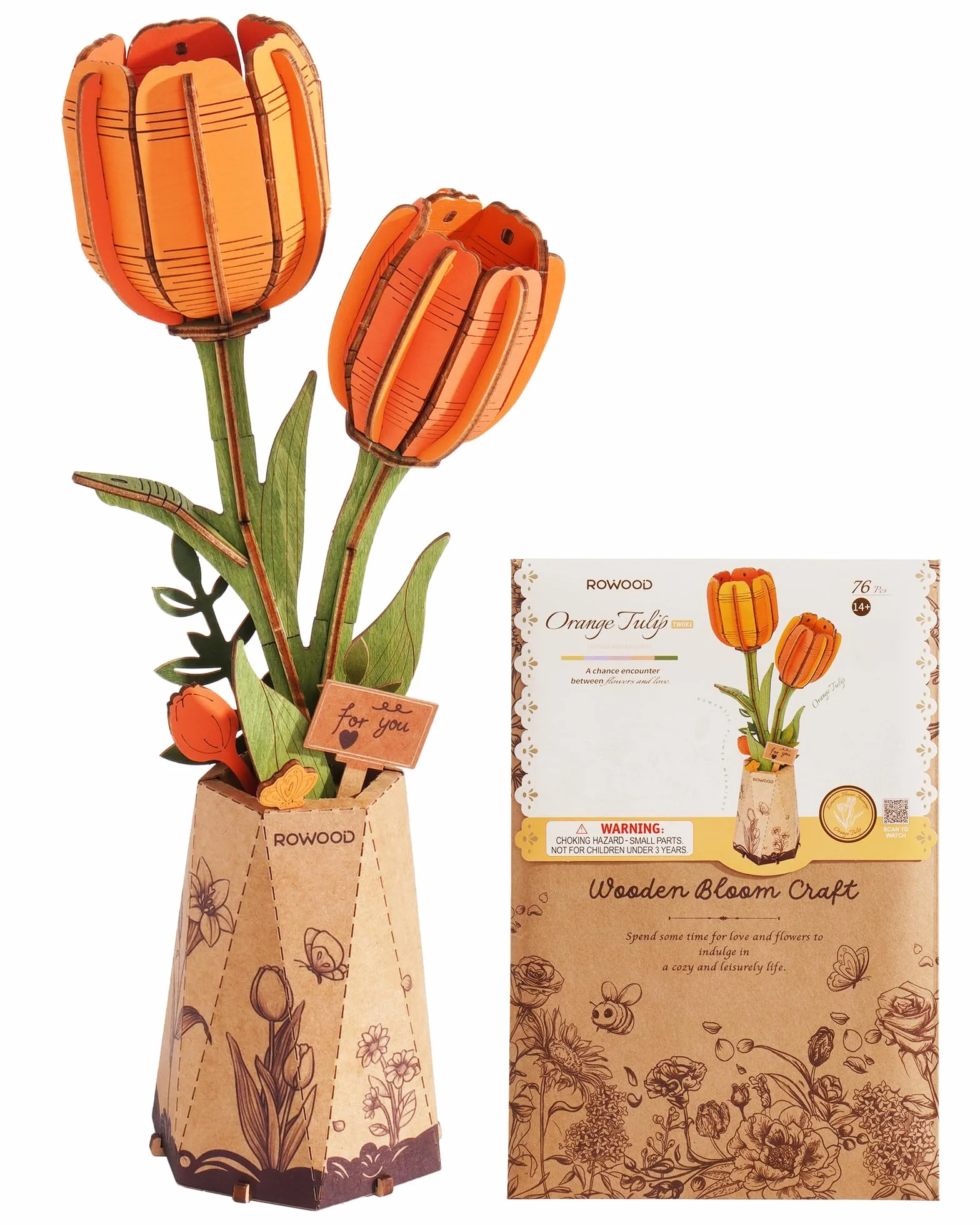 ROWOOD Puzzle in 3D con motivo tulipano, fiore fai da te in legno, kit di modellismo per fiori artificiali, da assemblare, per adulti, splendida decorazione per la casa e regalo per San Valentino
