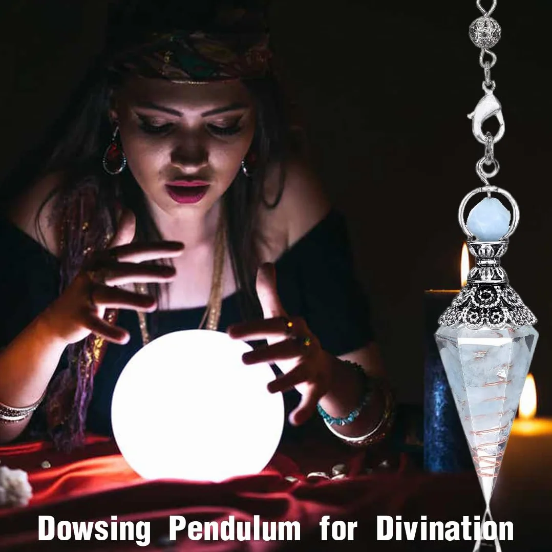 Pendolo di Radiestesia in Cristallo Esagonale con Catena in Pietra per Meditazione, Divinazione e Scrying