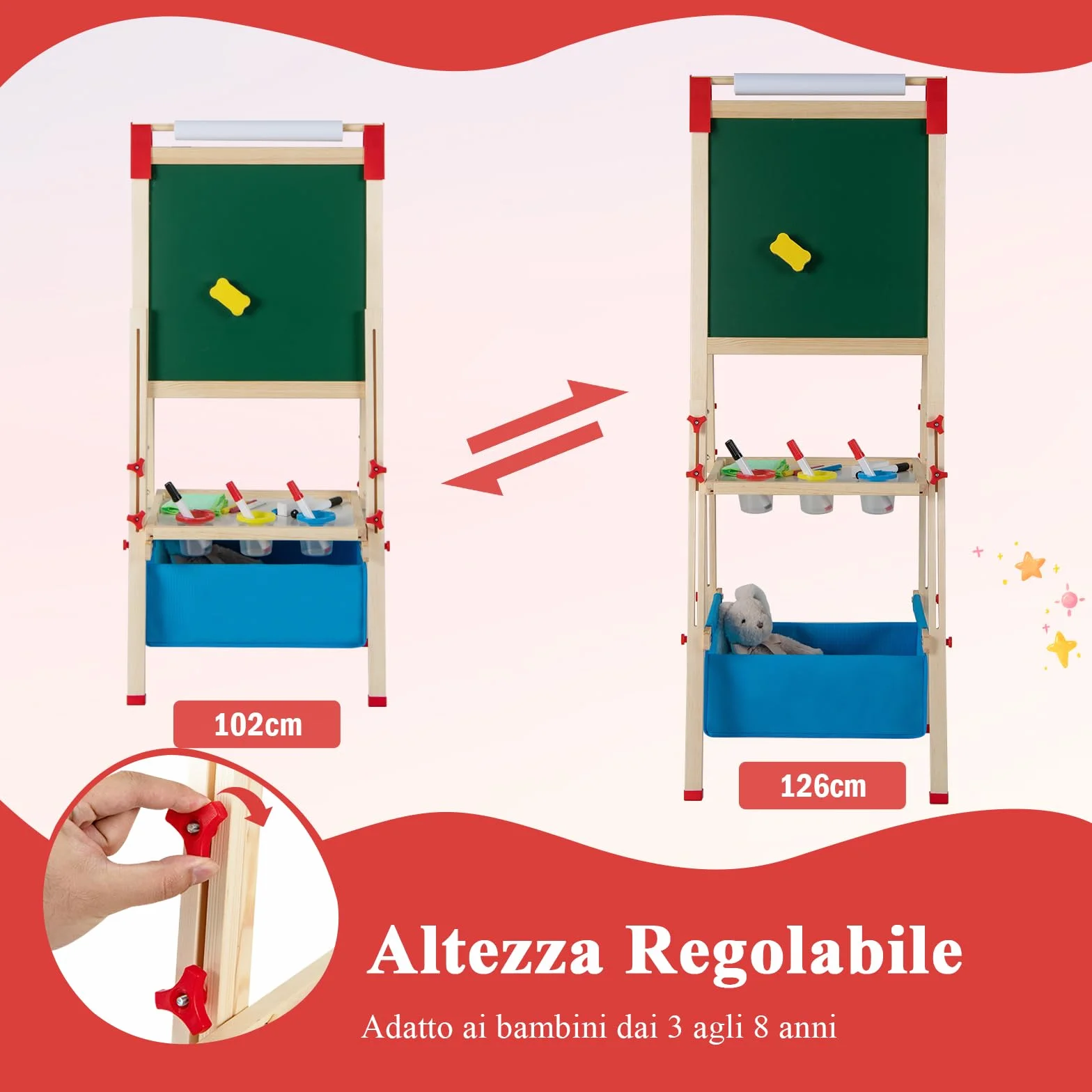 RELAX4LIFE Cavalletto per Bambini Regolabile in Altezza Legno Doppia Faccia Lavagna Magnetica Bianca Rotolo Carta Accessori Pittura