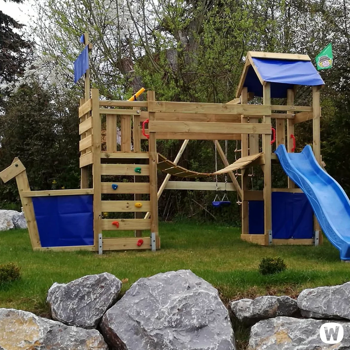 Gioco da giardino WICKEY StormFlyer con altalena e scivolo blu, struttura da esterno per bambini con sabbiere, scaletta e accessori da gioco