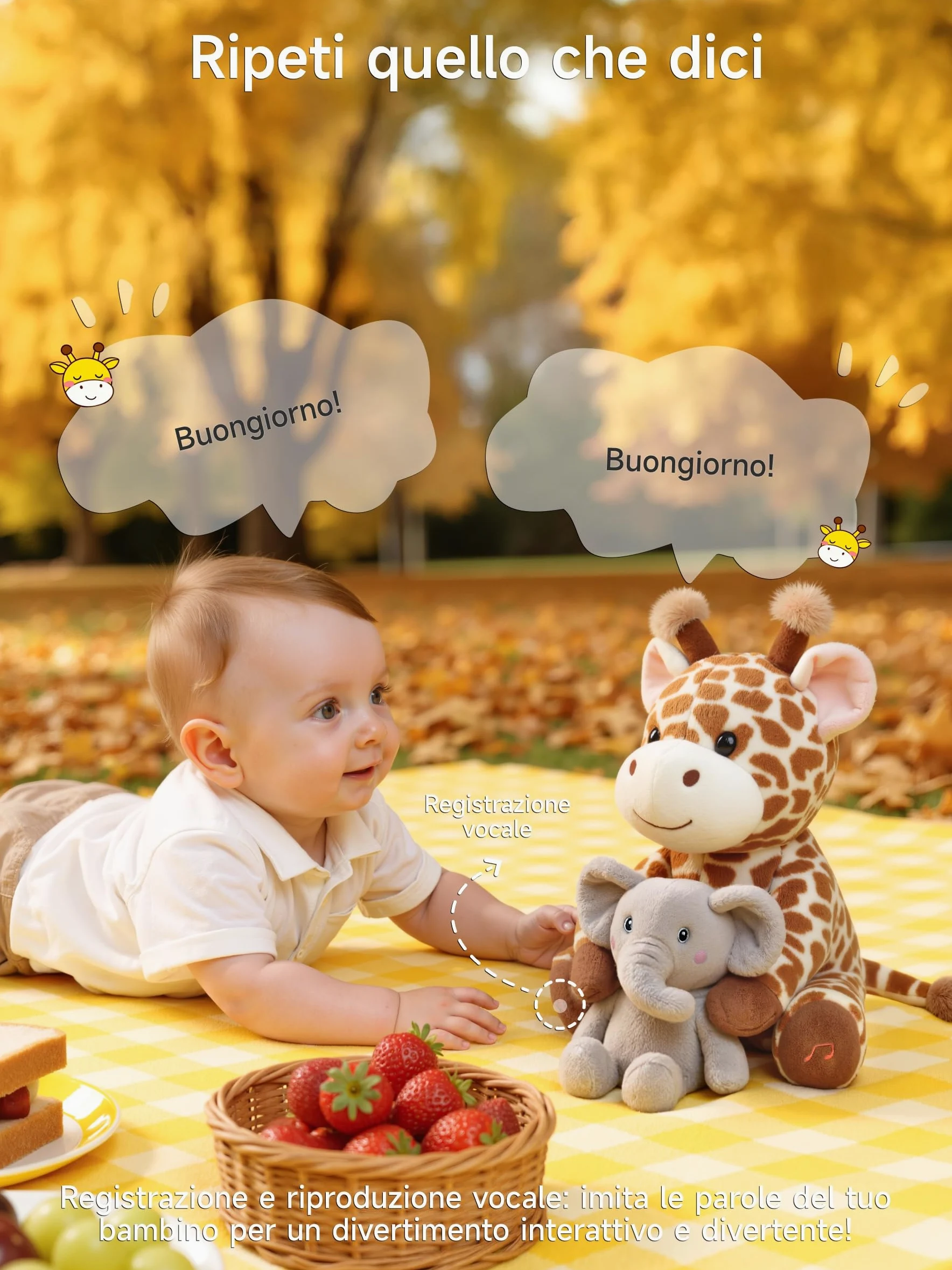 TUMAMA KIDS Giocattoli Interattivi di Peluche per Bambini Giraffa ed Elefante che Parlano e Cantano, Giocattolo che Ripete ciò che dici, Giocattolo Musicale Elettronico Interattivo per Bambini Regalo