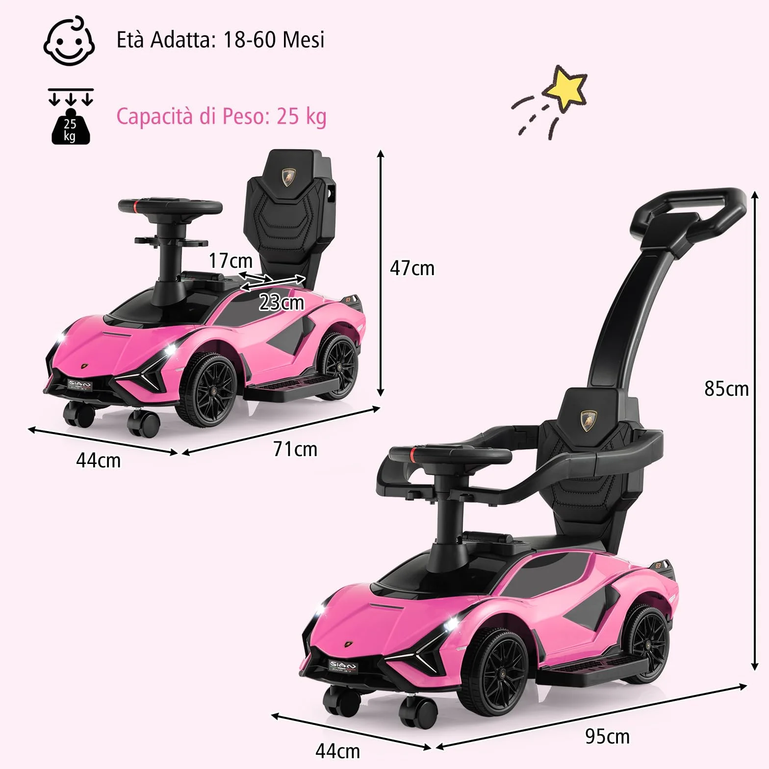 COSTWAY 3 in 1 Auto da Spinta con Paracolpi e Manubrio Rimovibili, Musica e Fari, Rosa per Bambini 18-24 Mesi