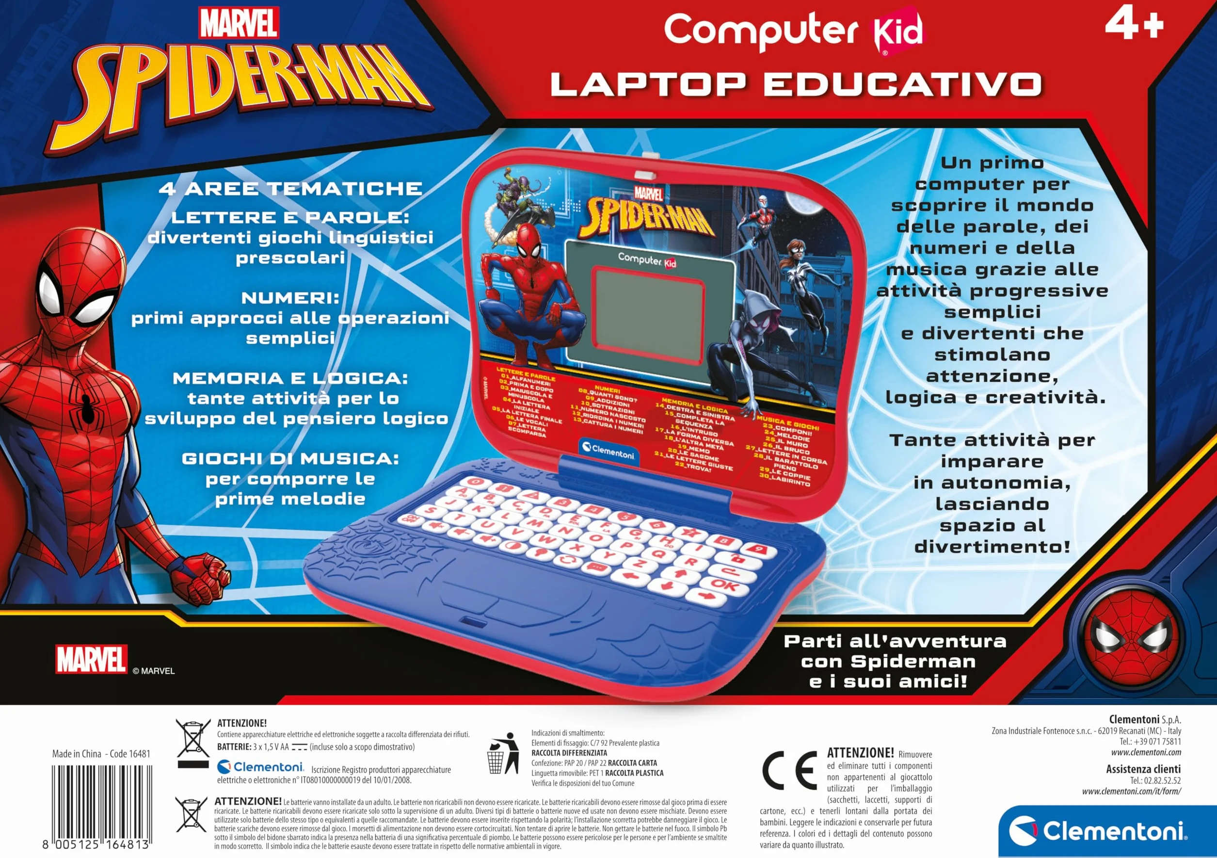 Clementoni - Computer Kid Spiderman Laptop Educativo Bambini 4+ Anni, 30 attività Educative, Gioco Elettronico per Imparare Lettere, Numeri, Musica e Logica, Batterie Incluse, Lingua Italiana, 16481