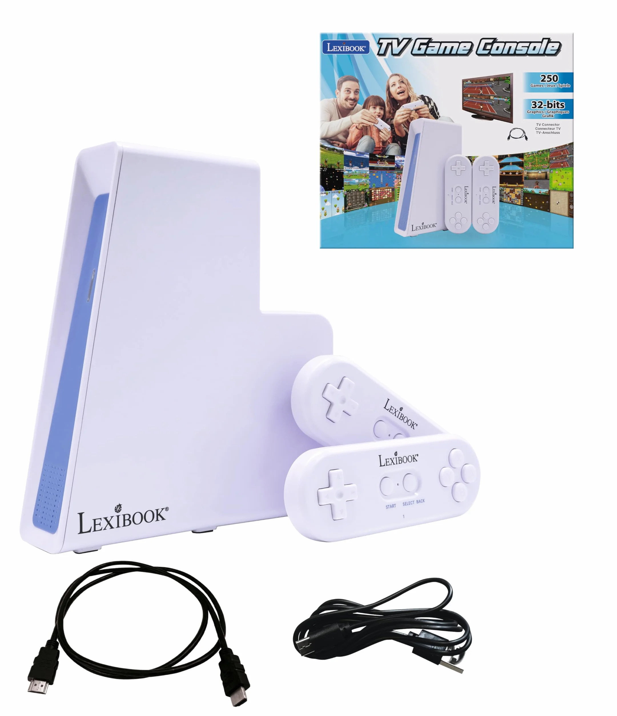Lexibook, Console di gioco TV con 2 controller wireless, 250 giochi, Grafica a 32 bit, Connettore TV, JG7440