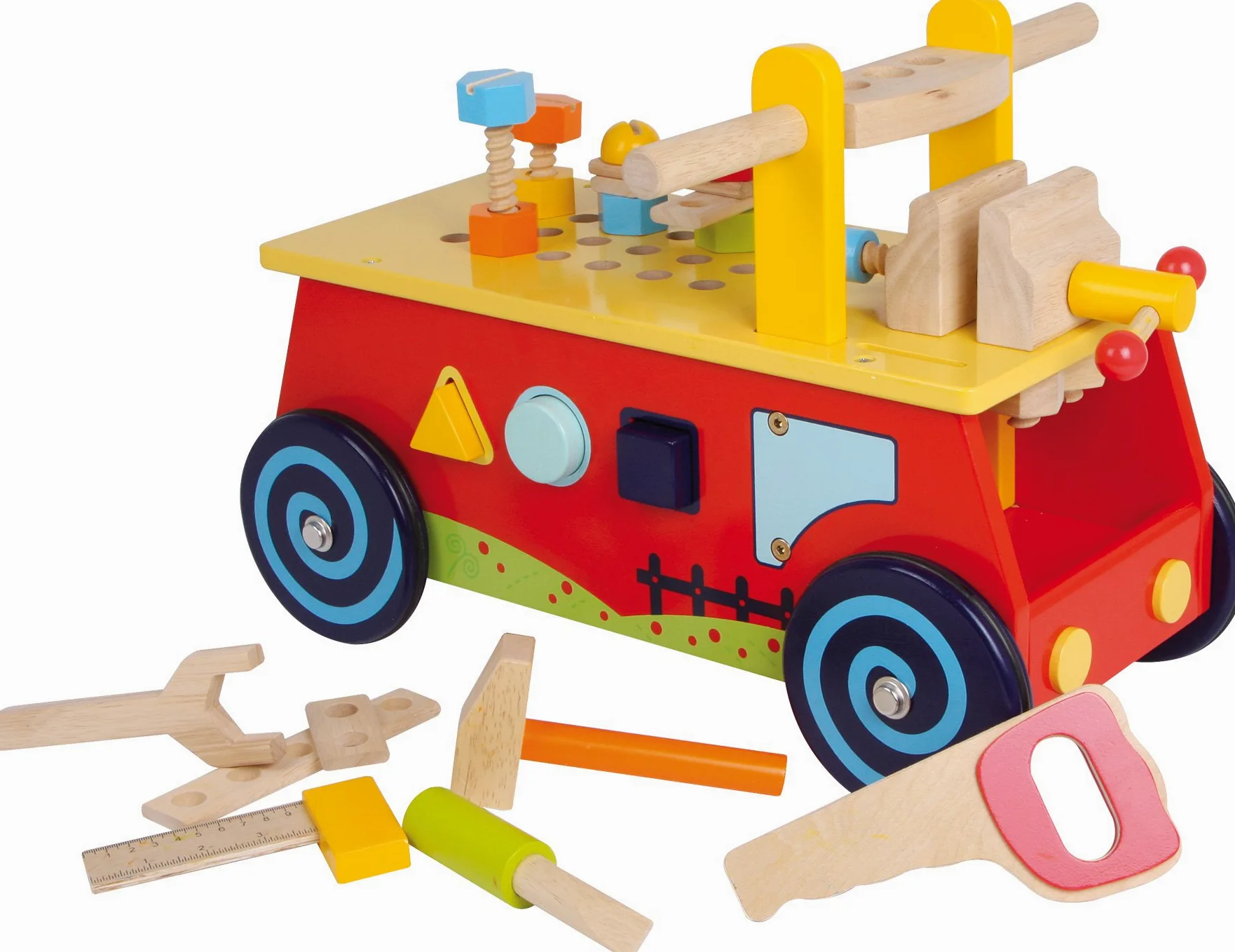 1595 Macchina primi passi «Banco da lavoro» small foot in legno, con tutti i tipi di accessori, divertimento ed apprendimento motorio, a partire da 2 anni.