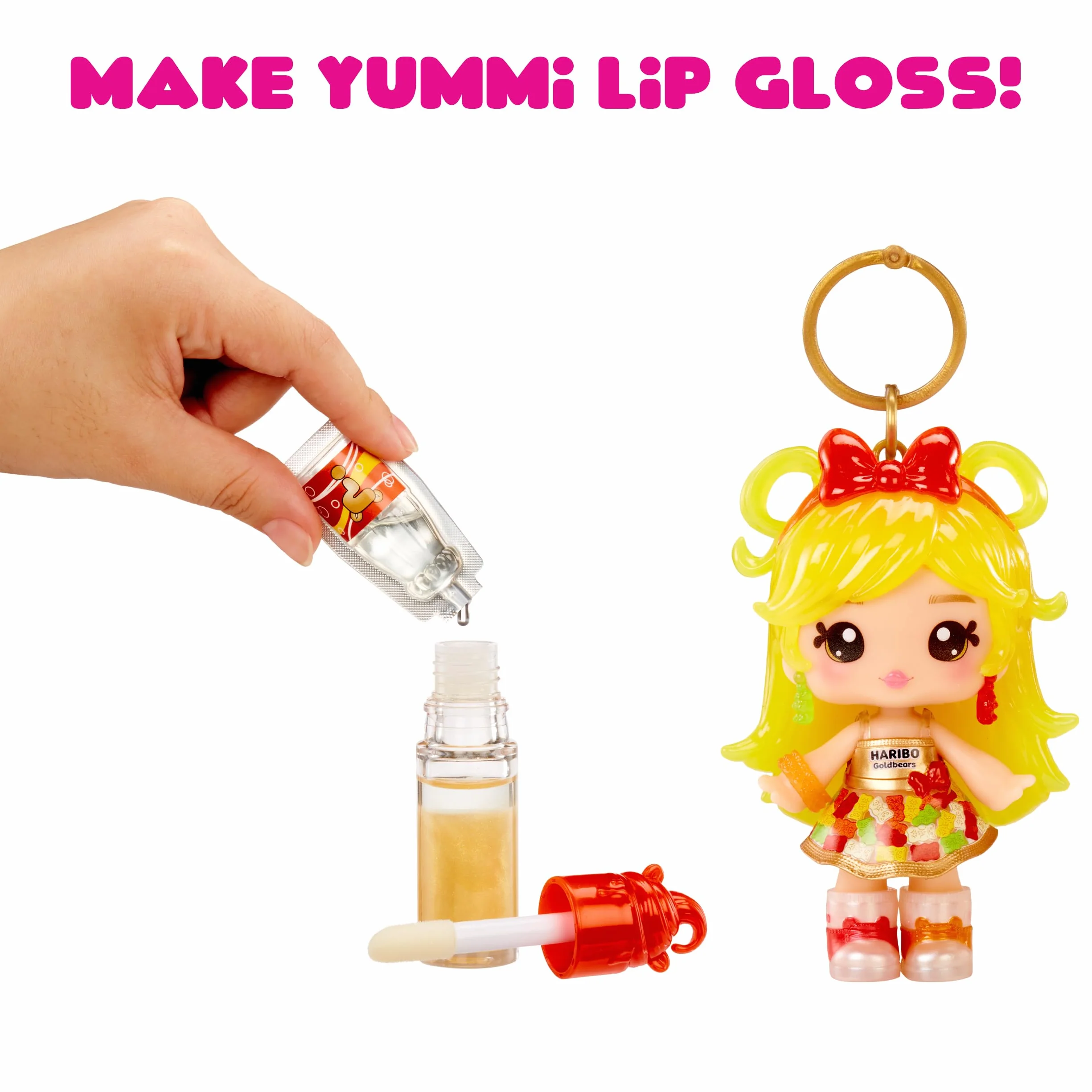 Yummiland x Licensed Sweets Lip Gloss Doll: Haribo Goldbears - Sweetie Goldbears - Include 1 Bambola, Lucidalabbra + Portachiavi rimovibile, Gioco cosmetico, Collezionabile. Età 4+
