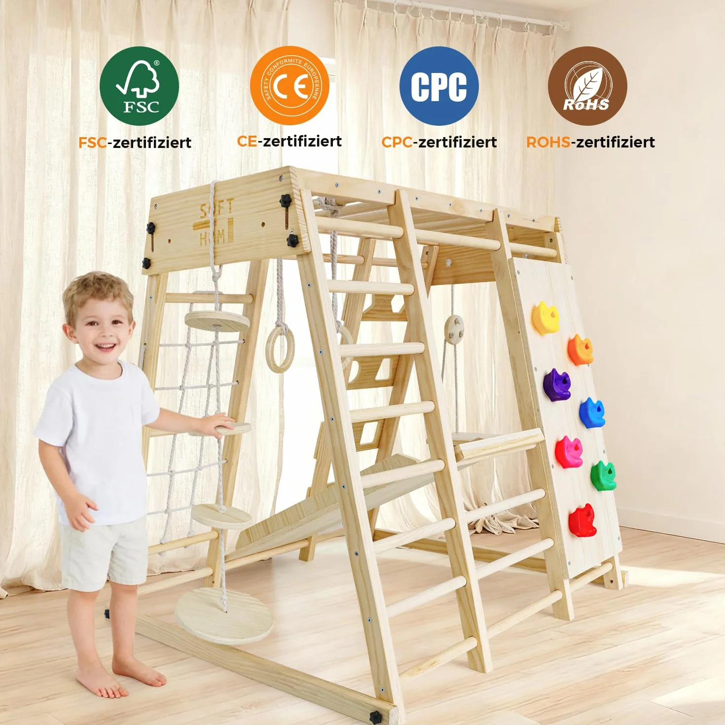 Maxi Telaio da Arrampicata per Interni, 10 in 1 Multifunzionale Telaio da Arrampicata per Bambini, Montessori Parco Giochi, Skateboard, Oscillazione, Parete da Arrampicata, Rete da Arrampicata