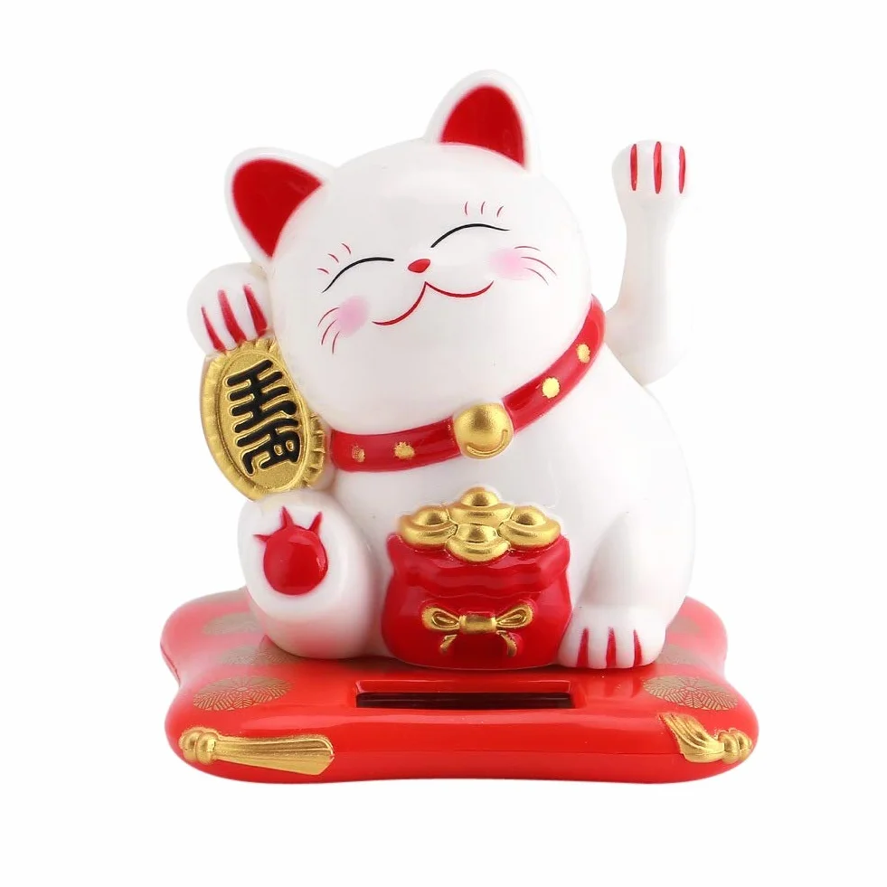 Nikou Maneki Neko Fortune Cat Solare Gatto Ricchezza Braccio Ondeggiante Bianca