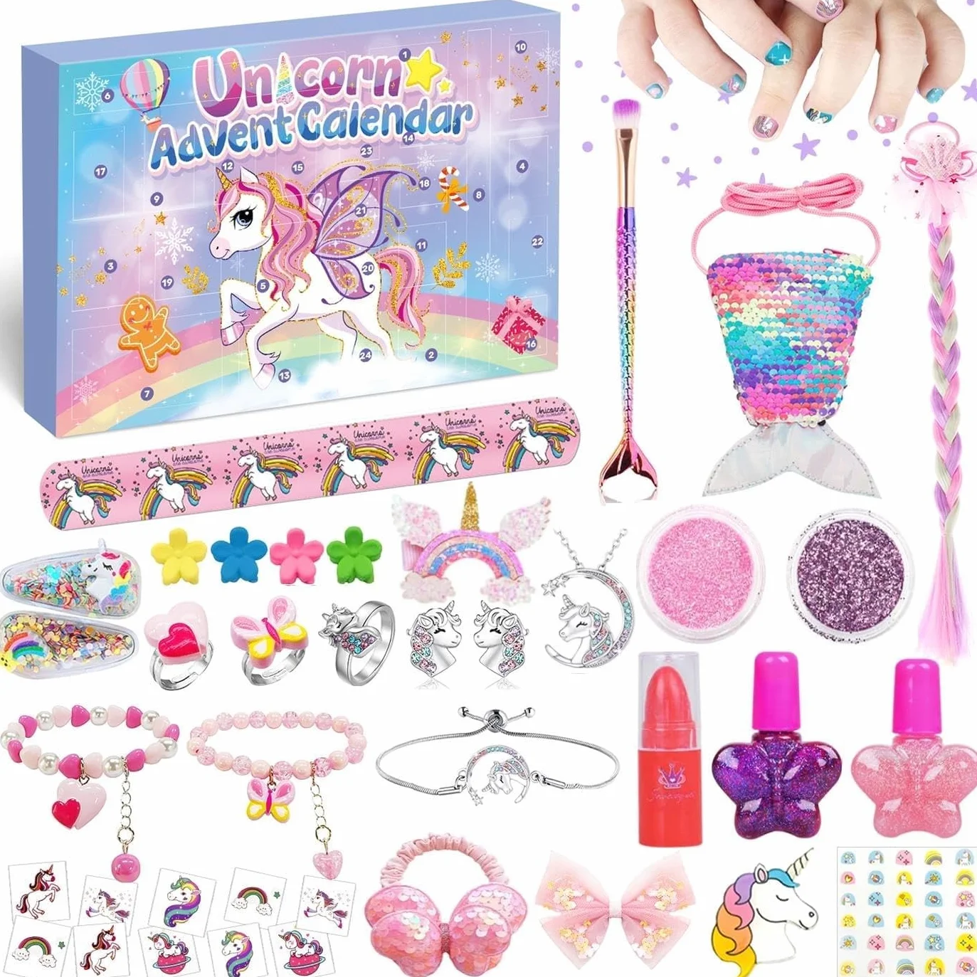 iZoeL Calendario Avvento 2025 Bambina Unicorno Bambina Regalo Calendario Avvento Make Up - Unicorno Braccialetto Collana Anello Gioielli Make Up, Regali Natale per Figlia Nipote Sorella