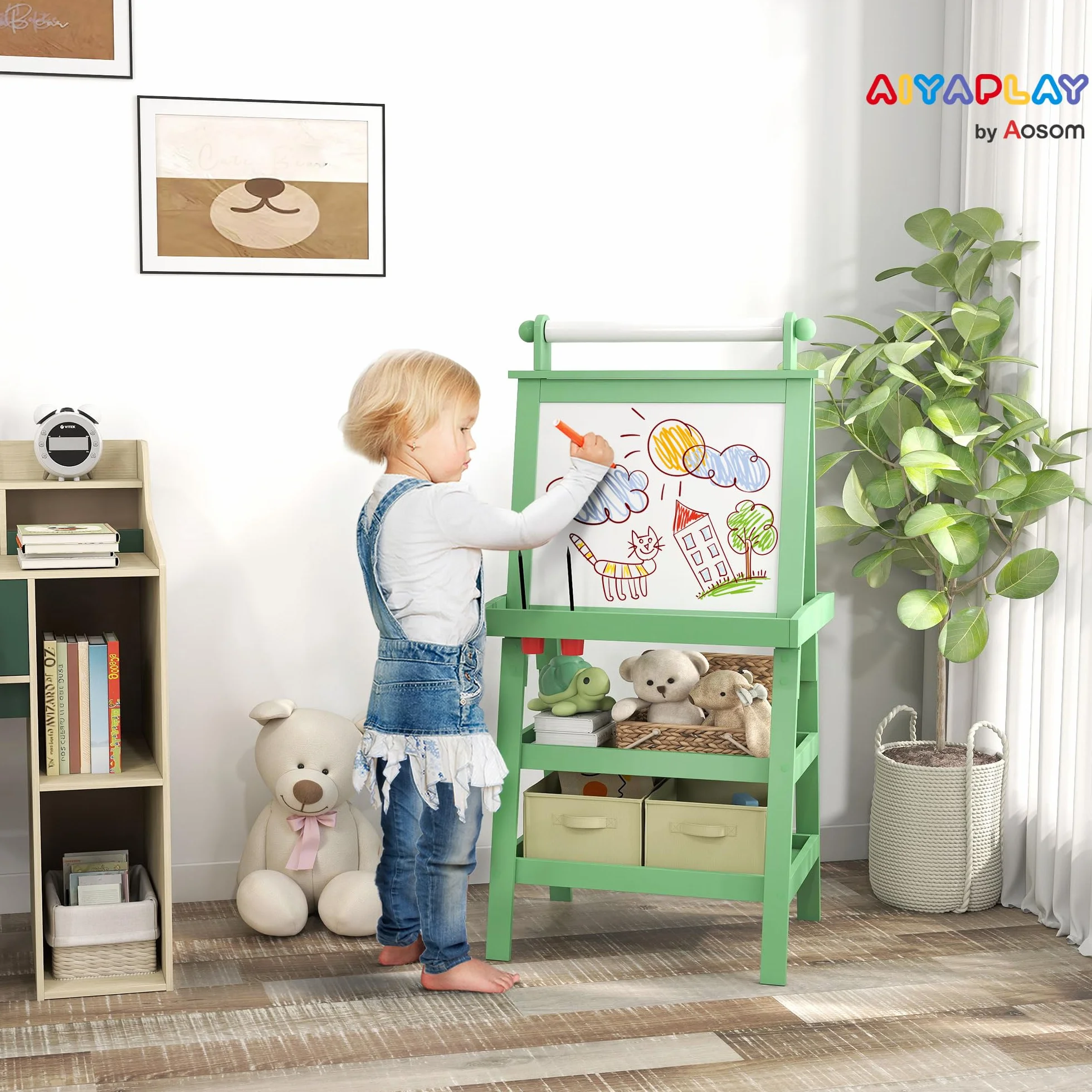 AIYAPLAY Lavagna cavalletto per bambini 3 in 1 lavagna double face bambino con pannello bianco e nero magnetico - rotolo di carta + 2 cestini portaoggetti integrati - 3-6 anni in legno verde