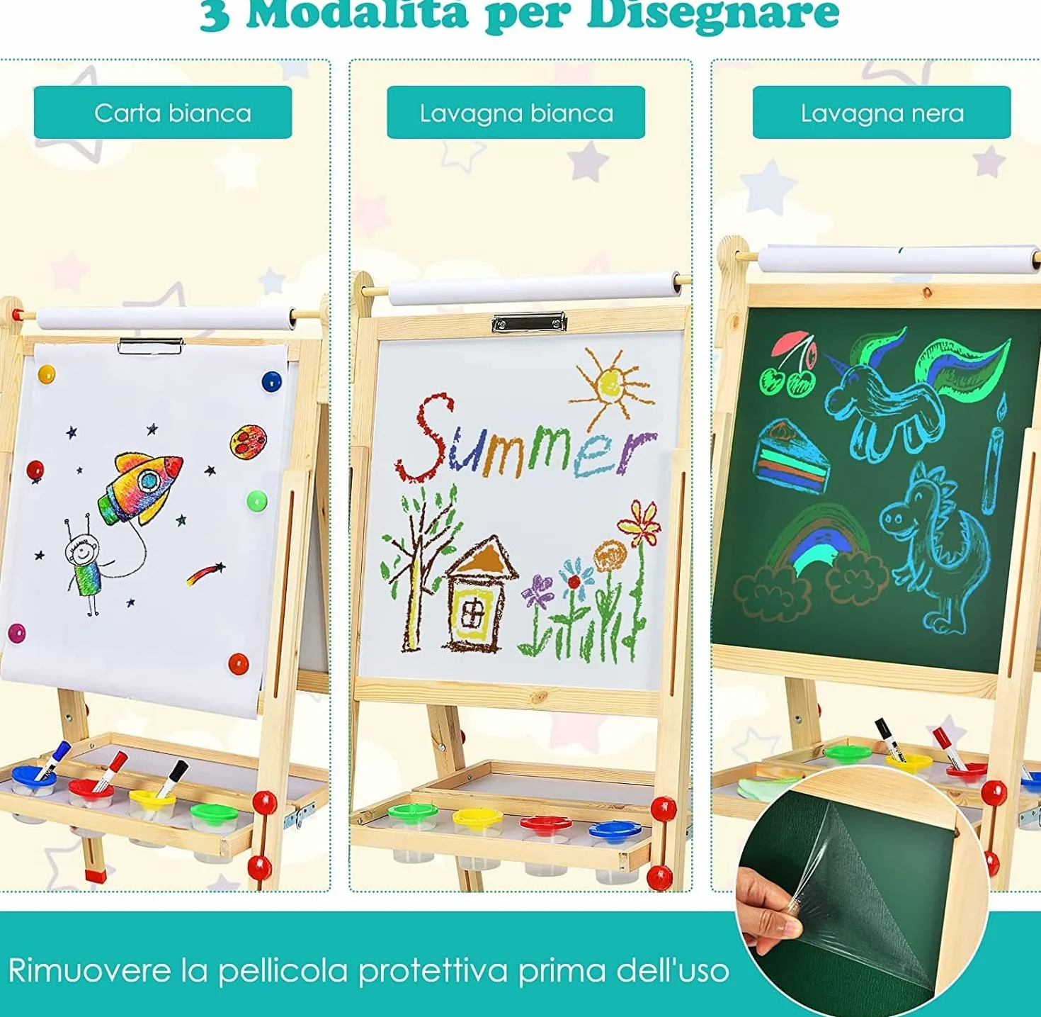 RELAX4LIFE Lavagna Magnetica per Bambini 3 in 1 Cavalletto Pieghevole Altezza Regolabile 85-147 cm Legno di Pino