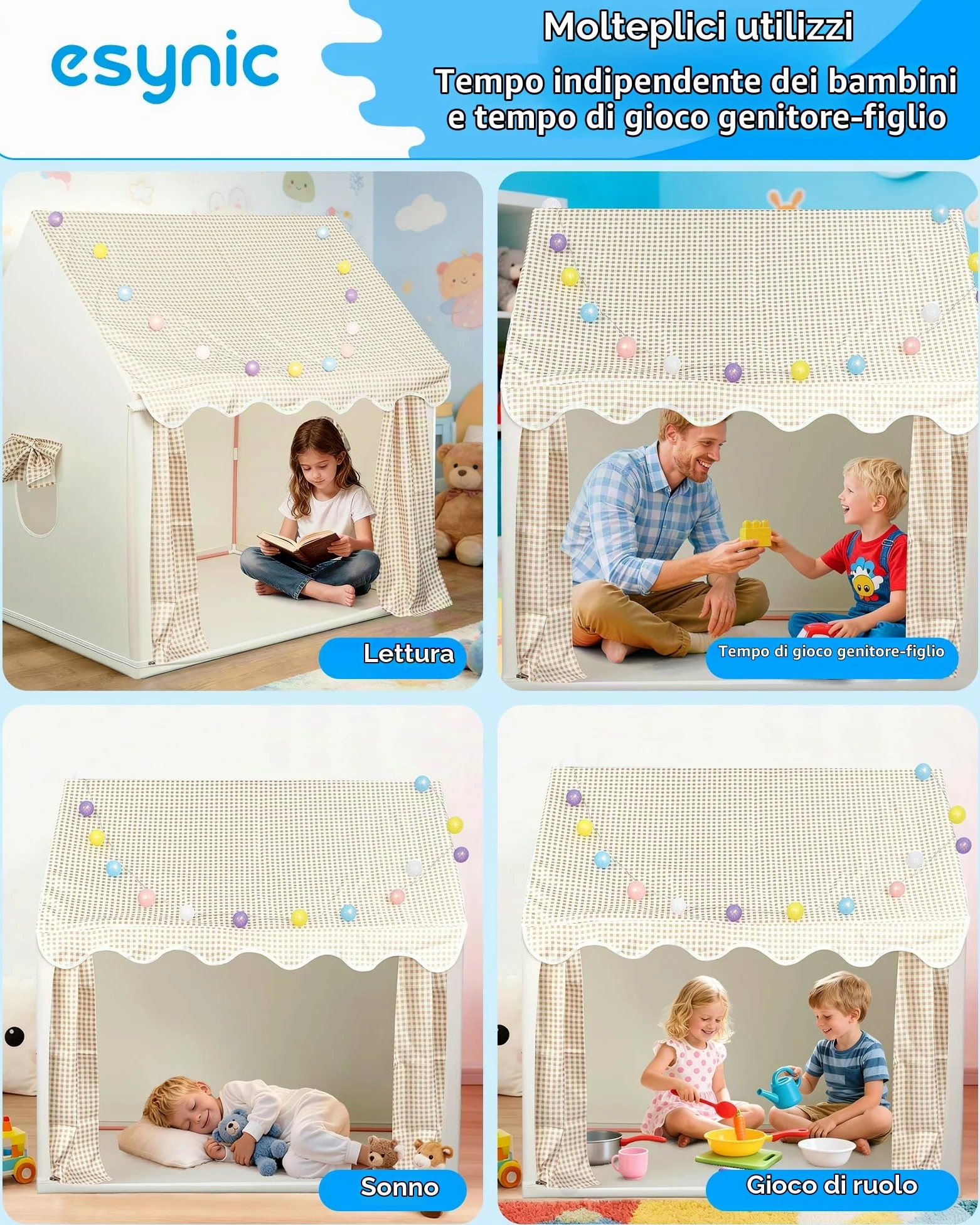 eSynic Tenda da Gioco per Bambini con Luci LED Decorative, Casetta Stanza di Attività Giochi con 2 Finestre per 2-3 Piccoli, Angolo da Lettura Studio, Facile da Montare - Beige a Quadri